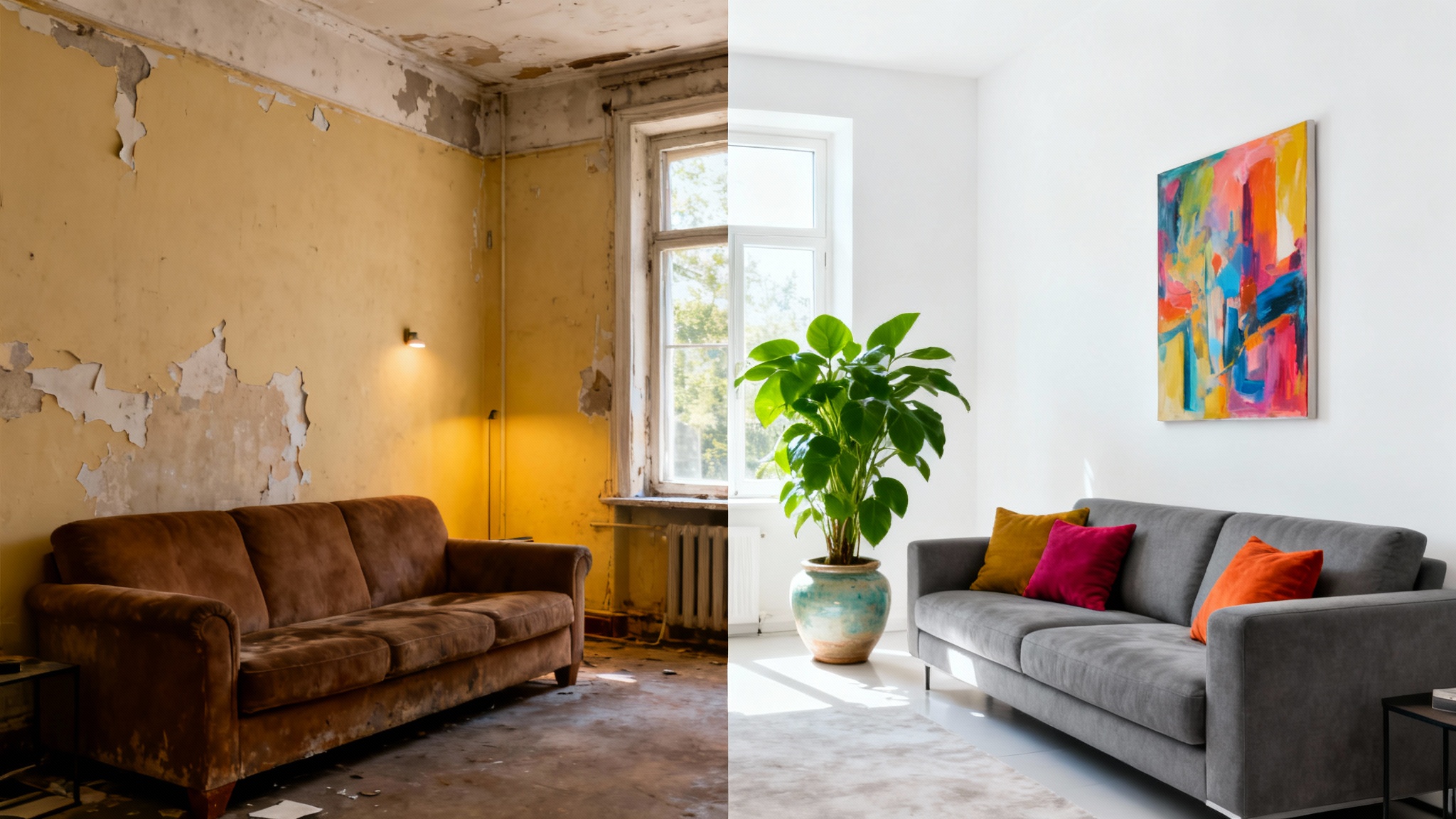 A split-screen image showing the before and after of a living room renovation. The 'before' side is cluttered and dated, while the 'after' side is modern, bright, and stylish.