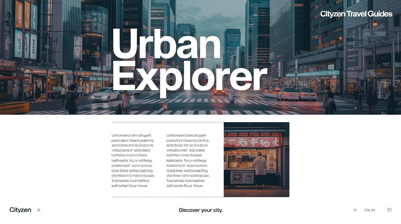 A professionally designed travel guide layout about a city. The top half is a stunning photo of a cityscape at dusk with the title 'URBAN EXPLORER', and the bottom half shows article text and a smaller photo of a food market.
