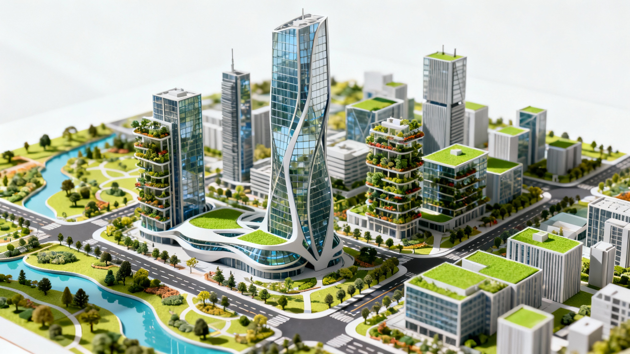A hyper-realistic miniature architectural model of a modern, sustainable city with futuristic skyscrapers and green spaces, isolated on a stark white background.
