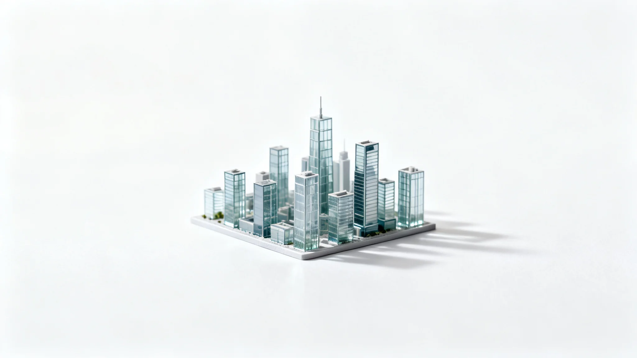 A hyper-realistic miniature model of a modern city skyline with glass buildings, presented in a minimalist style on a pure white background.