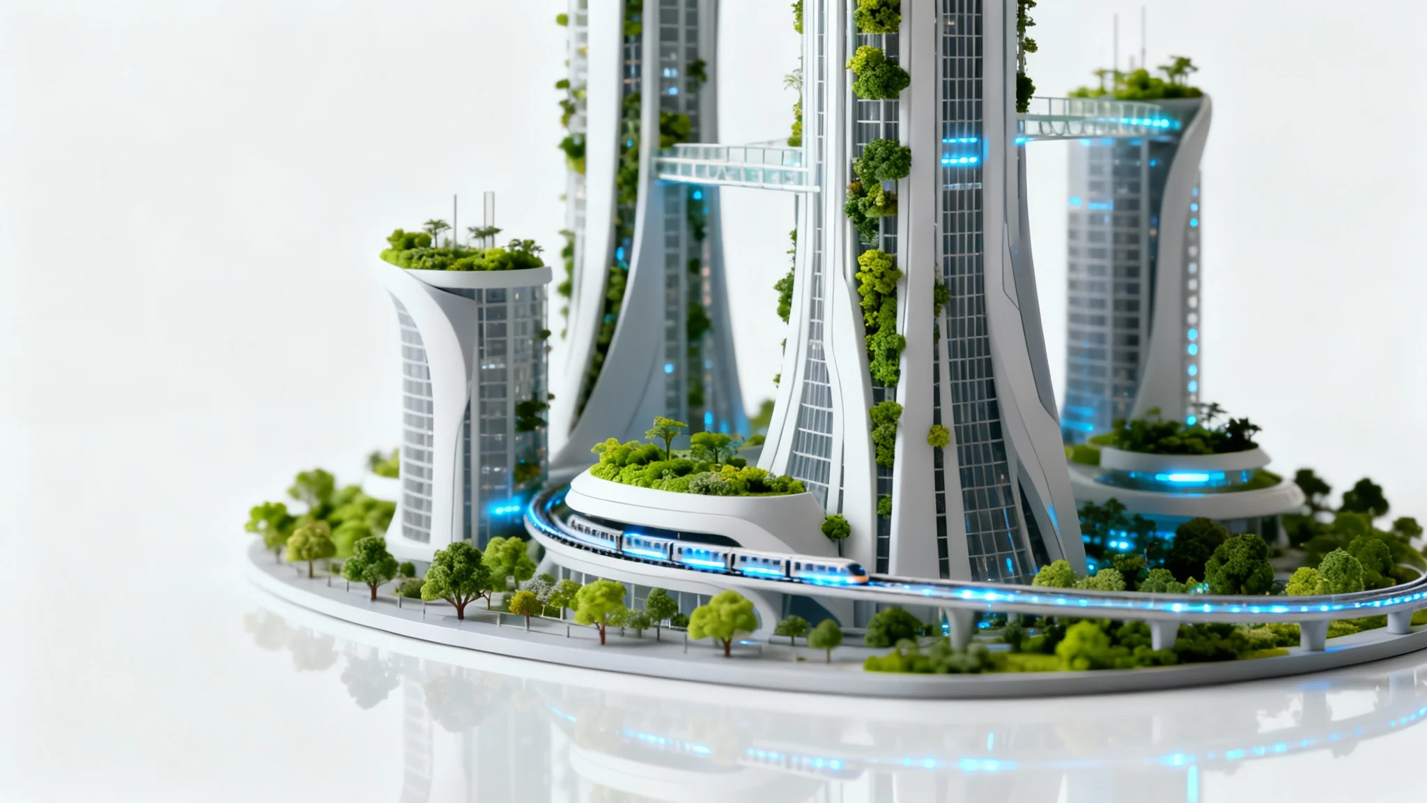 A detailed miniature architectural model of a modern, sustainable city featuring sleek skyscrapers with integrated greenery, all set against a clean white background.