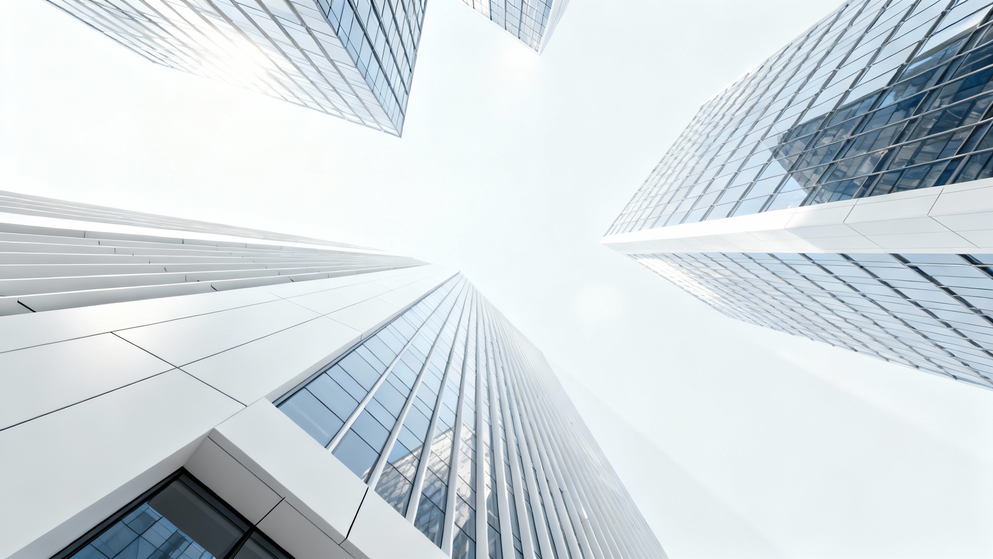 A sleek, modern cluster of minimalist skyscrapers rendered against a pure white background, symbolizing urban innovation and architecture.