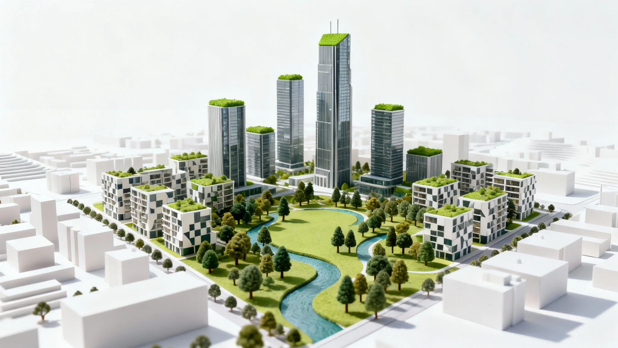 A photorealistic miniature architectural model of a modern, green city with skyscrapers and parks, set against a clean white background.
