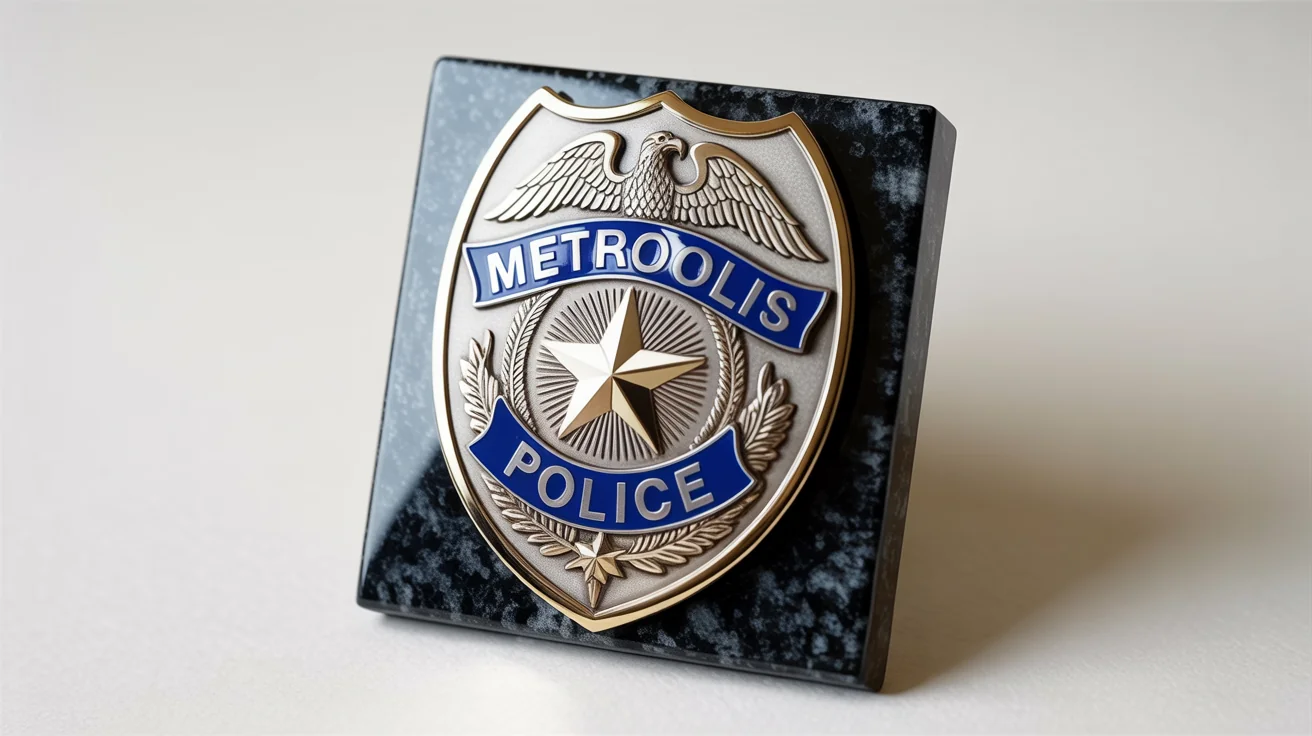 A photorealistic hero image of a polished silver and gold police shield badge for the city of Metropolis, displayed on a dark surface, showcasing a high-quality final design.