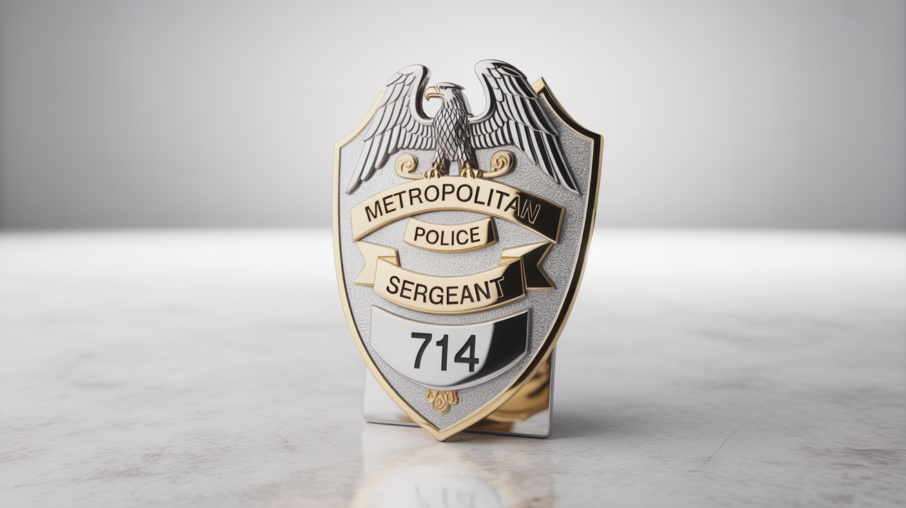 A high-quality mockup of a silver and gold police shield badge engraved with 'METROPOLITAN POLICE', 'SERGEANT', and the badge number '714', displayed on a white background.
