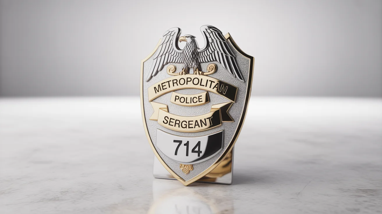 A high-quality mockup of a silver and gold police shield badge engraved with 'METROPOLITAN POLICE', 'SERGEANT', and the badge number '714', displayed on a white background.