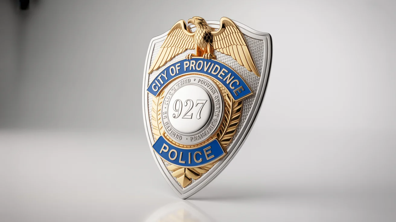 A photorealistic mockup of a silver and gold police shield badge for the 'City of Providence Police', featuring an eagle on top and the number 927, displayed on a white background.