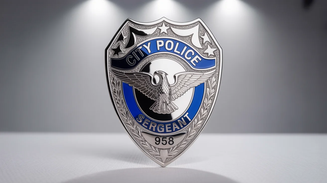 A high-quality mockup of a silver police shield badge, featuring blue enamel, an eagle emblem, and the engraved words 'CITY POLICE' and 'SERGEANT', set against a plain white background.
