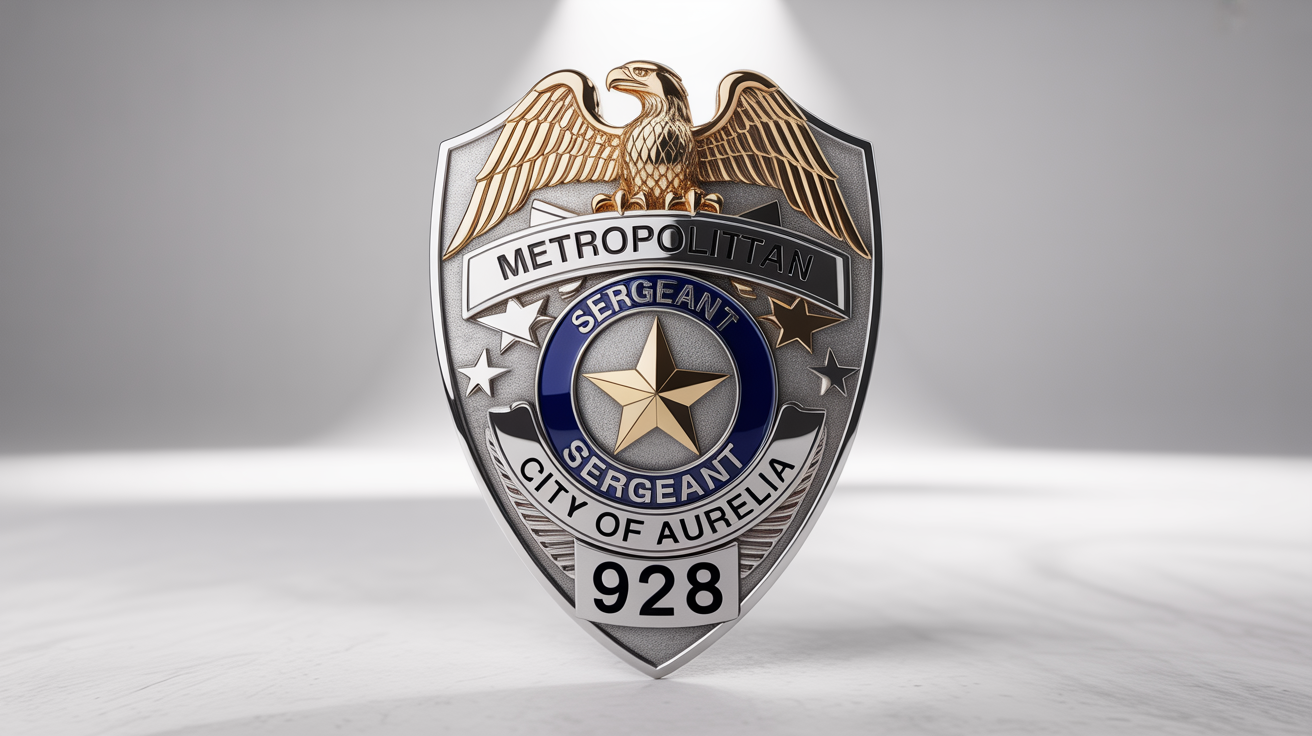 A detailed, photorealistic mockup of a silver and gold police shield badge for a 'Sergeant' in the 'Metropolitan Police' of the 'City of Aurelia', displayed on a white background.