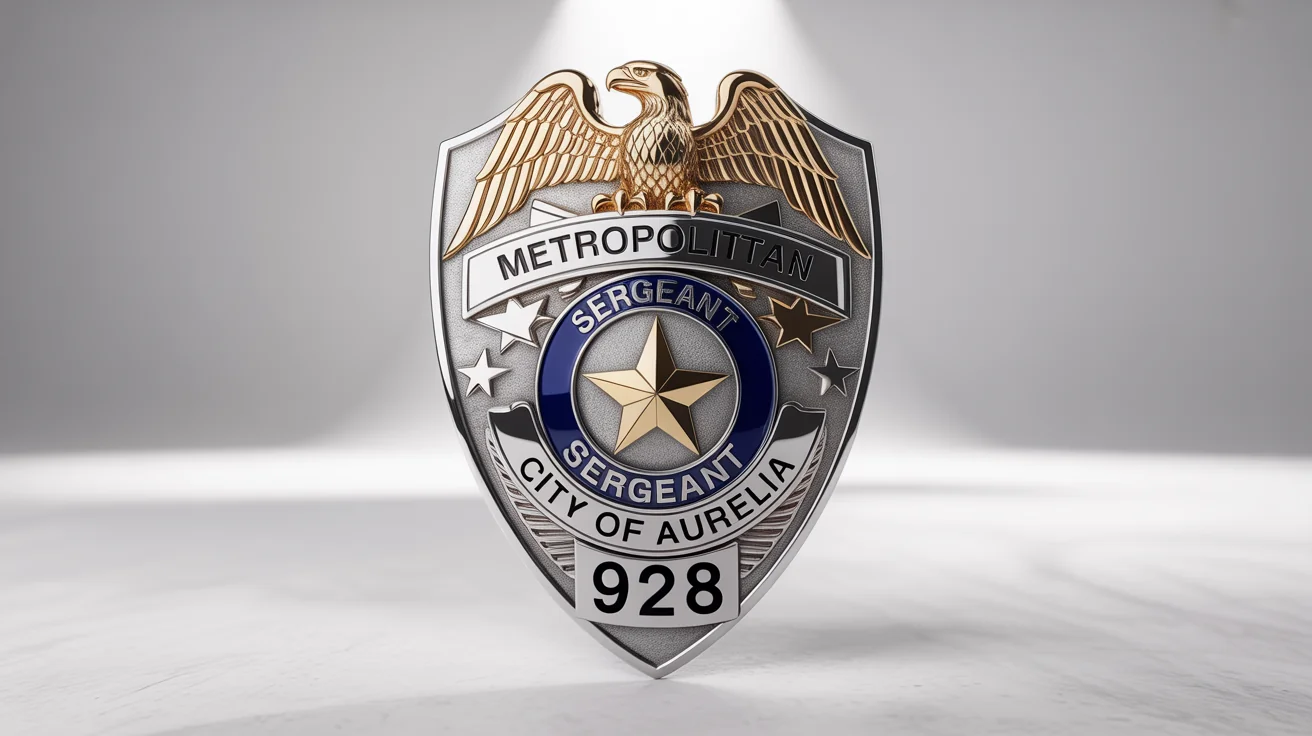 A detailed, photorealistic mockup of a silver and gold police shield badge for a 'Sergeant' in the 'Metropolitan Police' of the 'City of Aurelia', displayed on a white background.