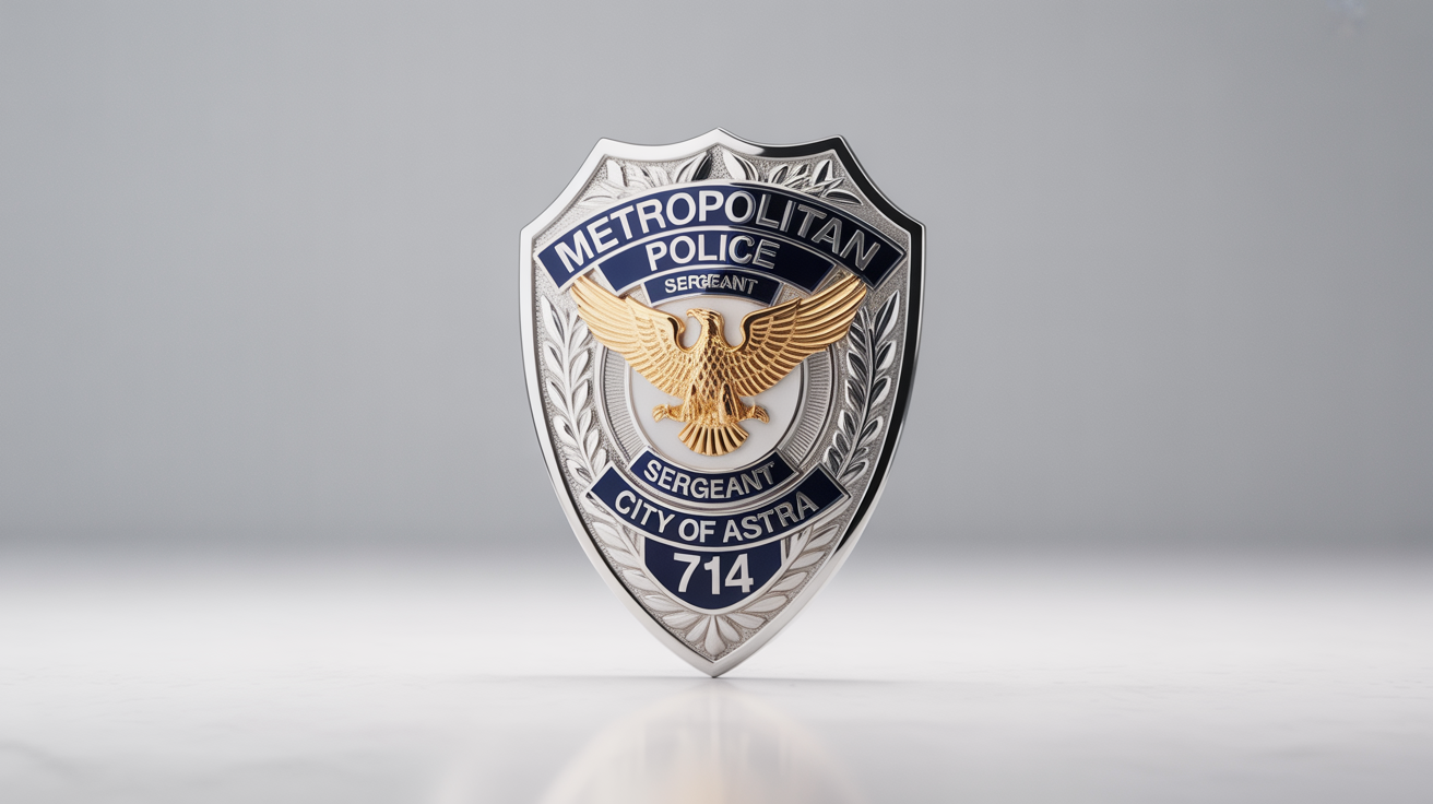 A photorealistic silver and gold police shield badge with the text 'Metropolitan Police' and 'Sergeant', on a clean white background.