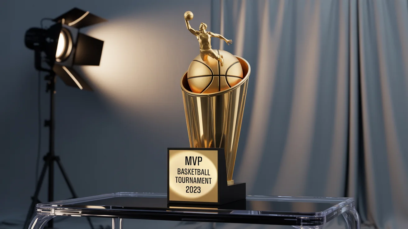 A photorealistic hero shot of a tall, golden basketball trophy on a dark wooden base, with an engraved plaque reading 'MVP BASKETBALL TOURNAMENT 2023'.