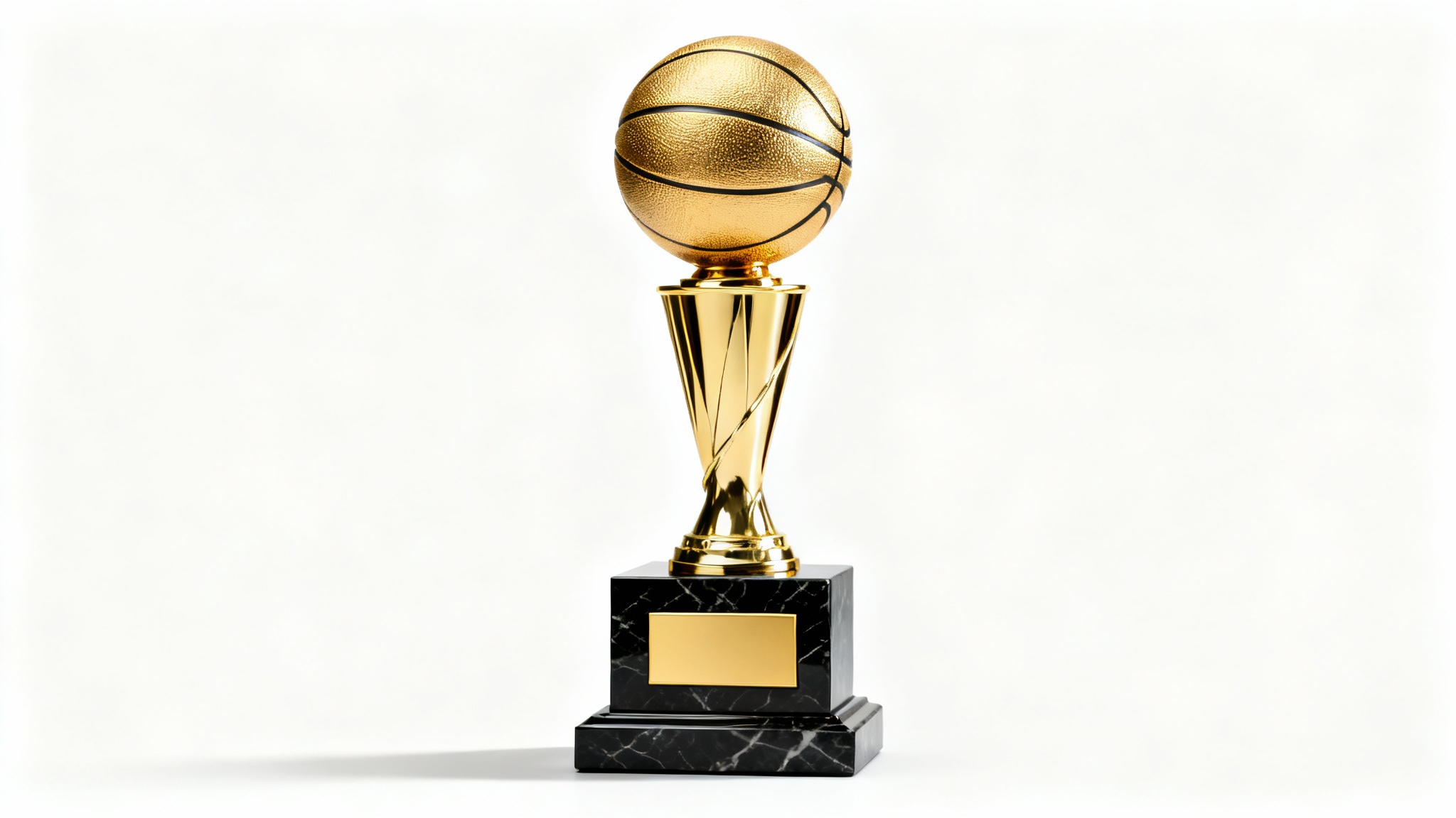 A photorealistic mockup of a polished gold basketball trophy with a black marble base, set against a clean white background.