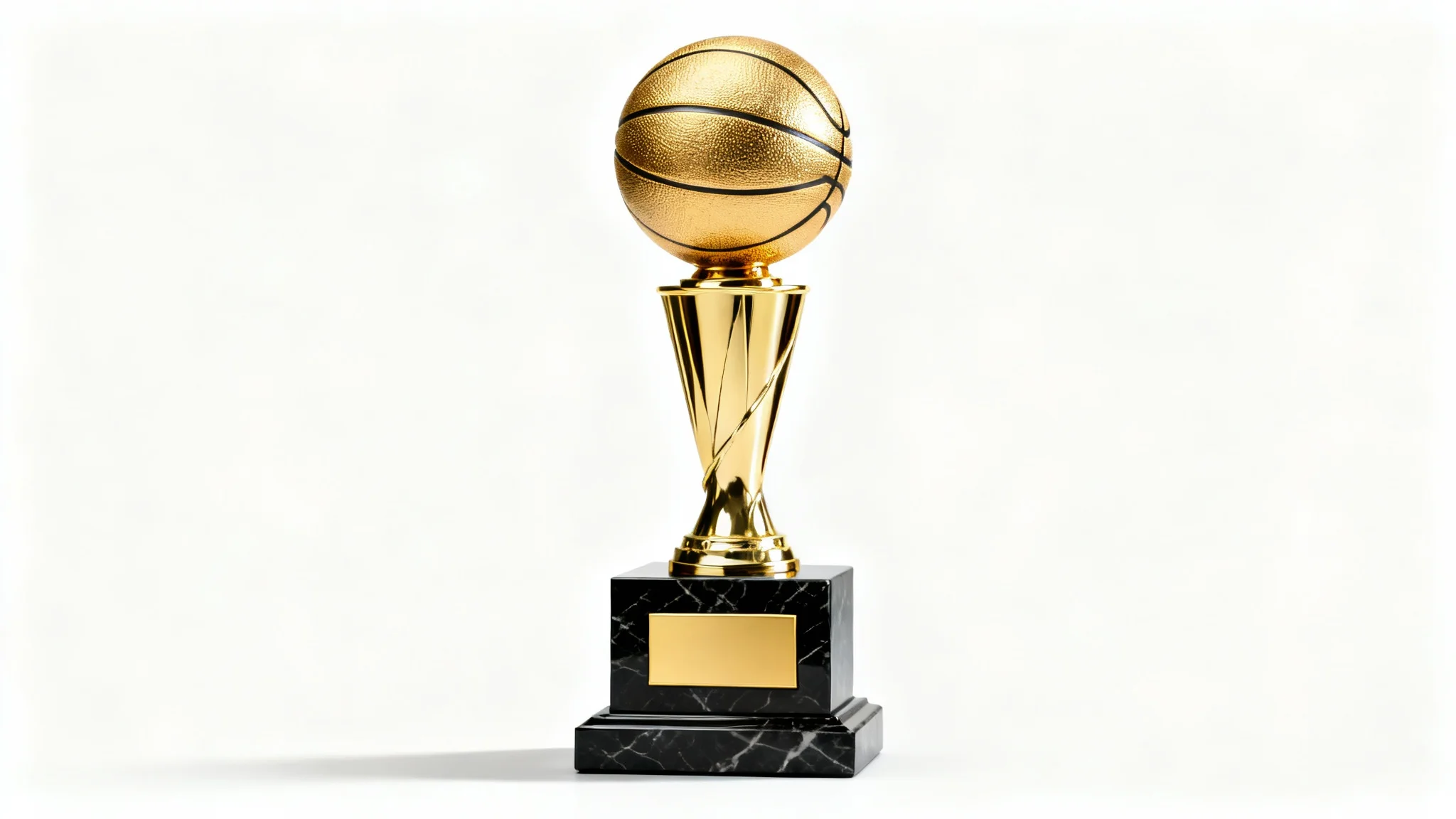 A photorealistic mockup of a polished gold basketball trophy with a black marble base, set against a clean white background.
