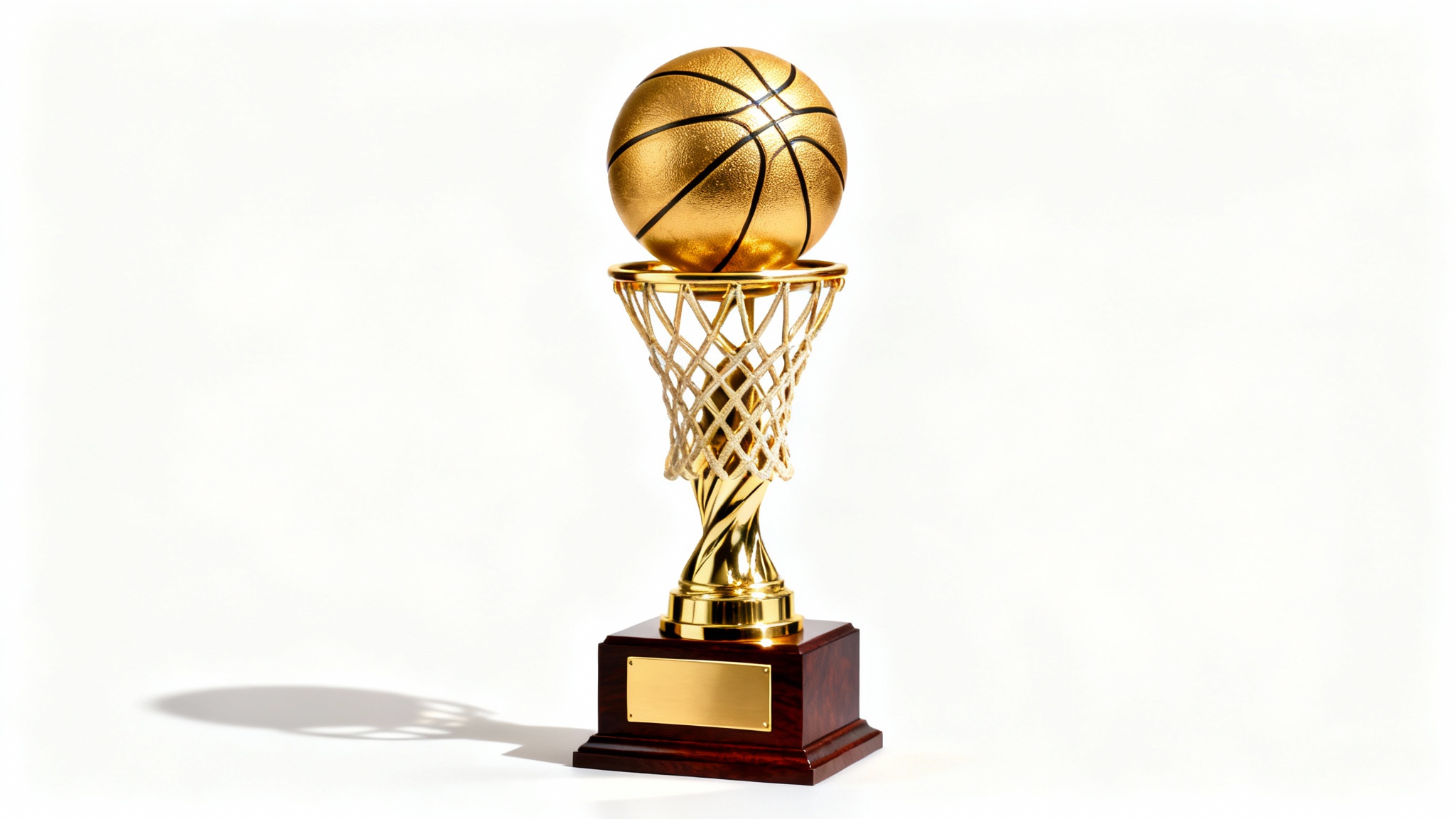 A professional studio photograph of a gleaming golden basketball trophy with a dark wood base, isolated against a pure white background.