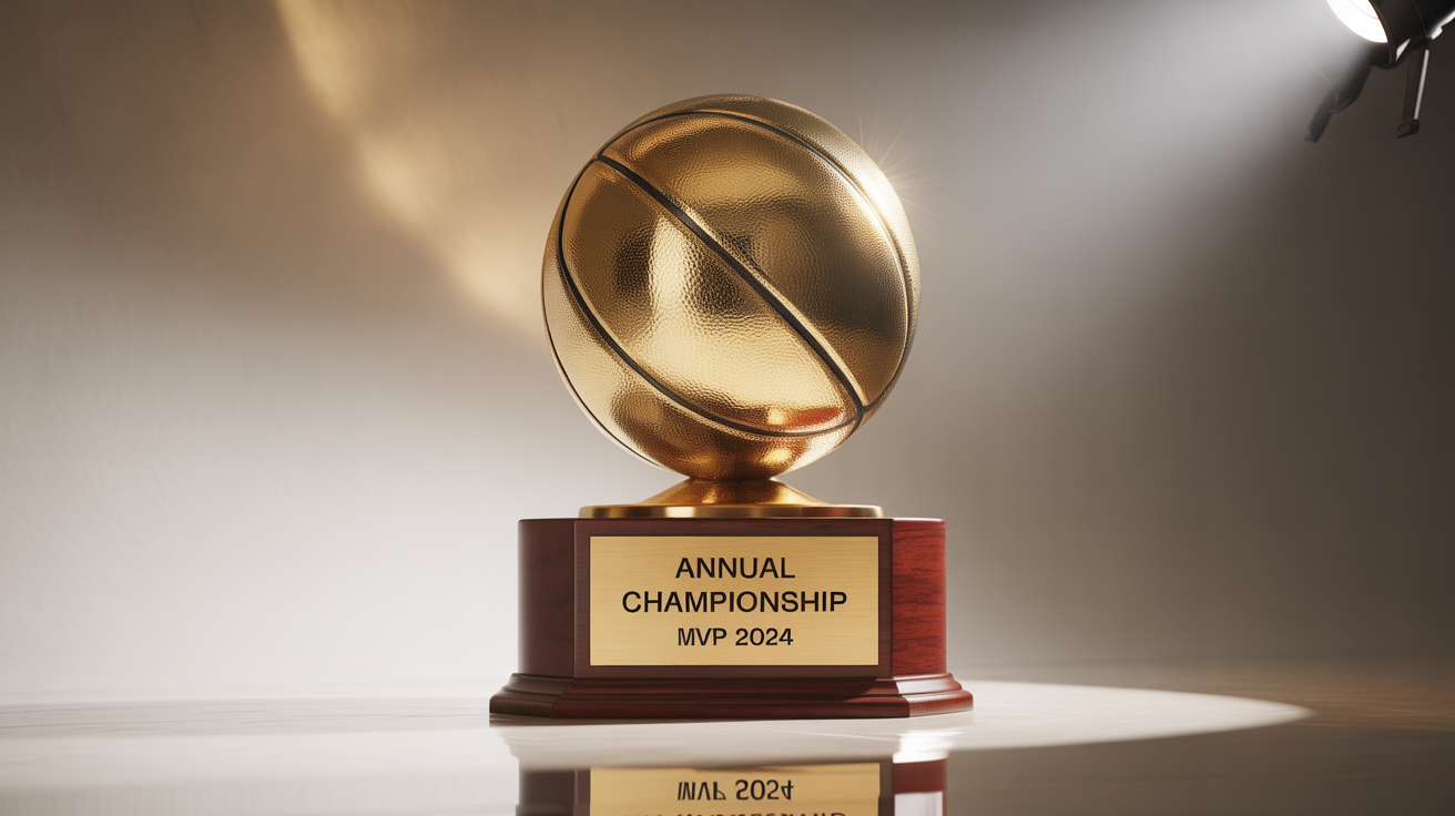 A professional studio photograph of a gleaming gold basketball trophy on a dark wooden base, set against a plain white background. A plaque on the front reads 'ANNUAL CHAMPIONSHIP' and 'MVP 2024'.
