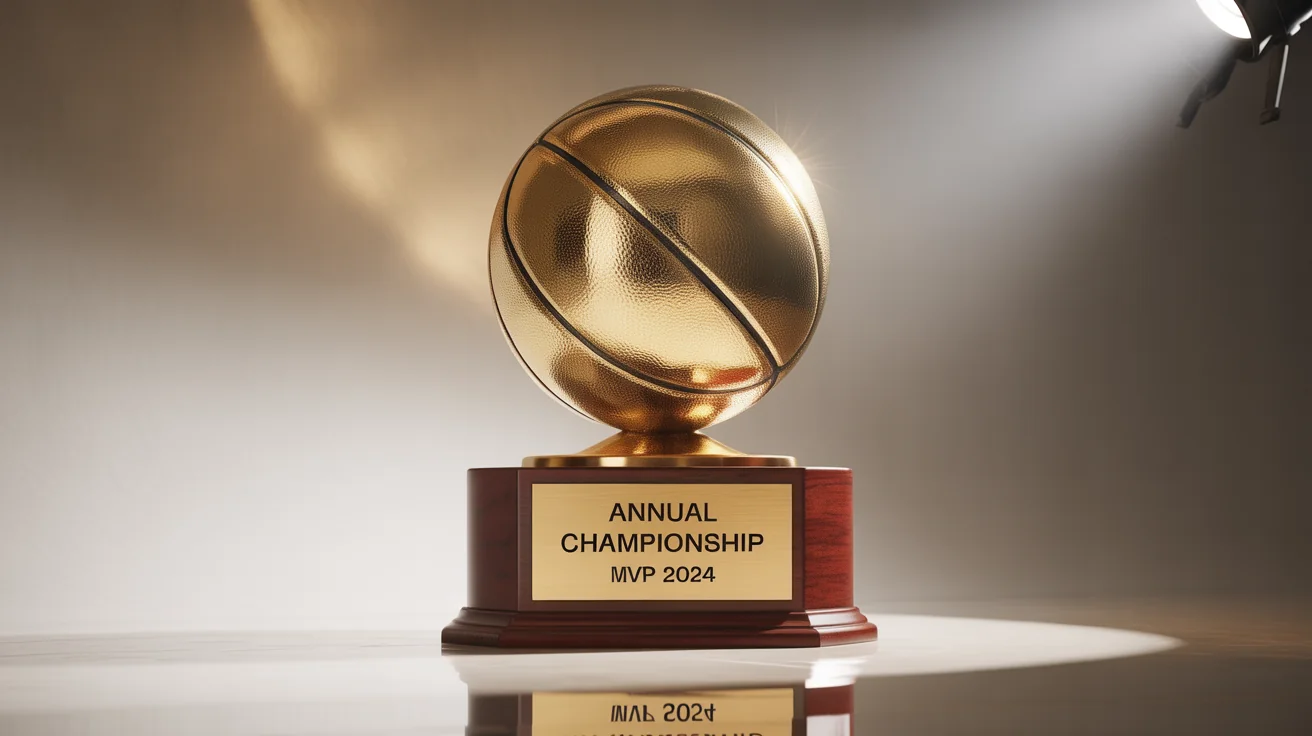 A professional studio photograph of a gleaming gold basketball trophy on a dark wooden base, set against a plain white background. A plaque on the front reads 'ANNUAL CHAMPIONSHIP' and 'MVP 2024'.