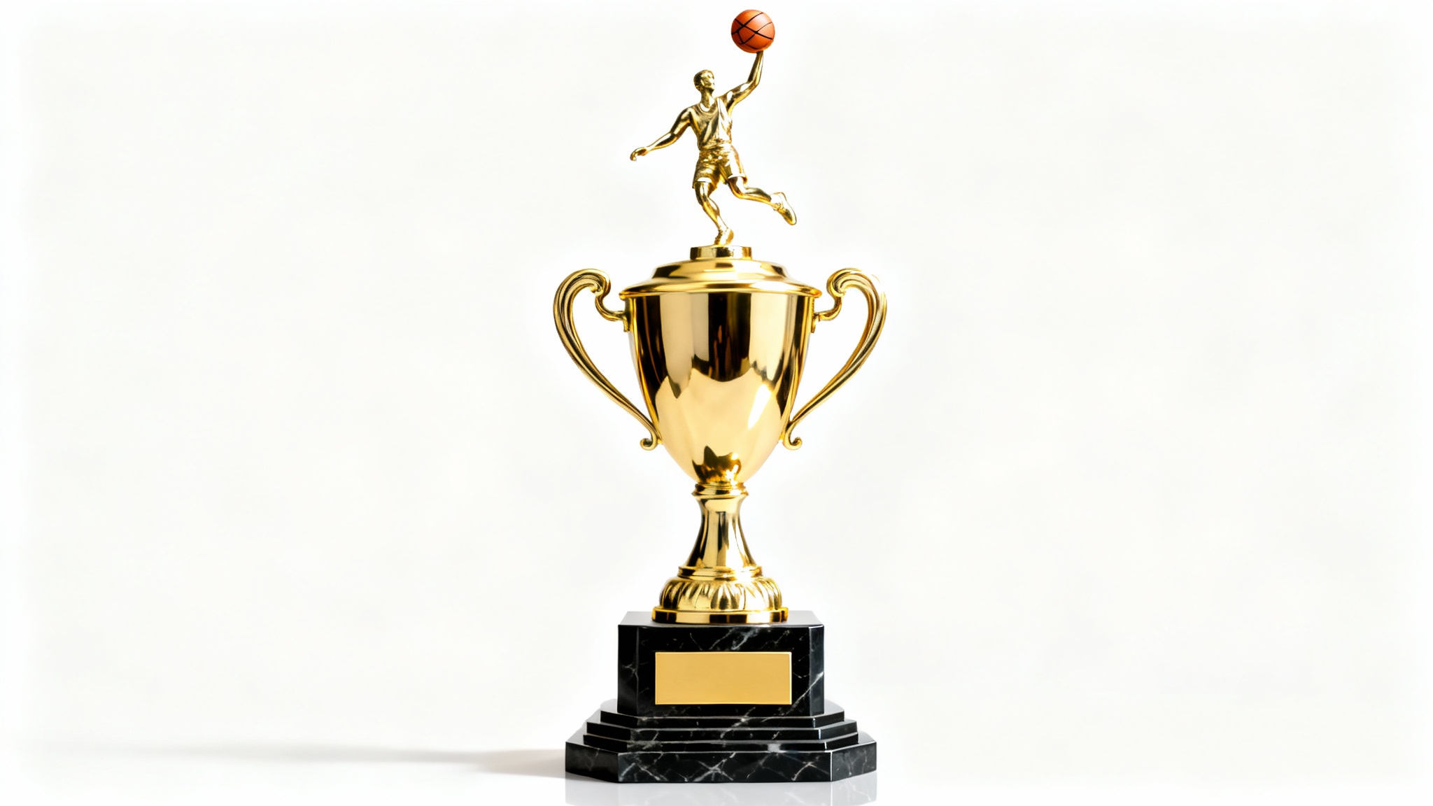 A photorealistic image of a tall, golden basketball trophy with a player figure on top, standing on a black marble base against a white background.