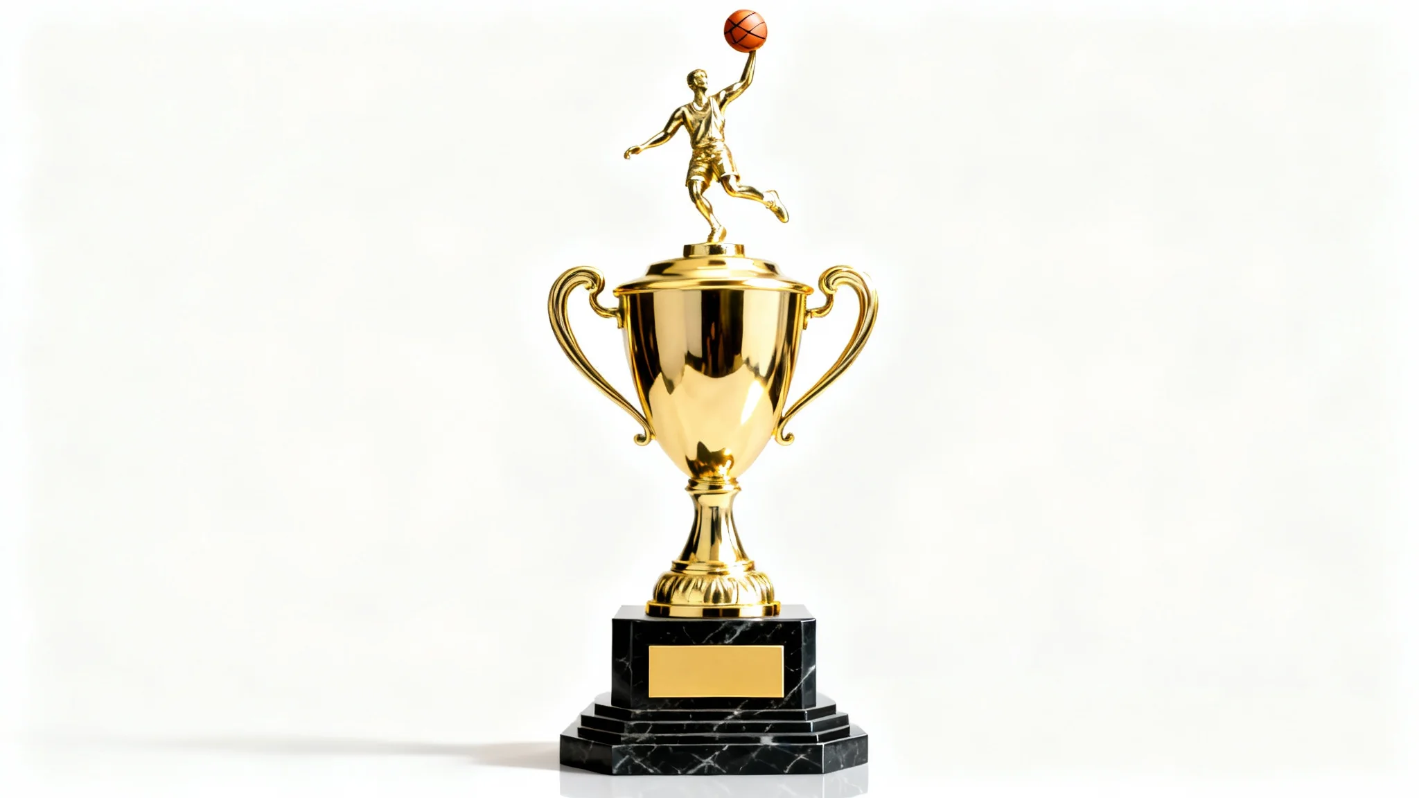 A photorealistic image of a tall, golden basketball trophy with a player figure on top, standing on a black marble base against a white background.
