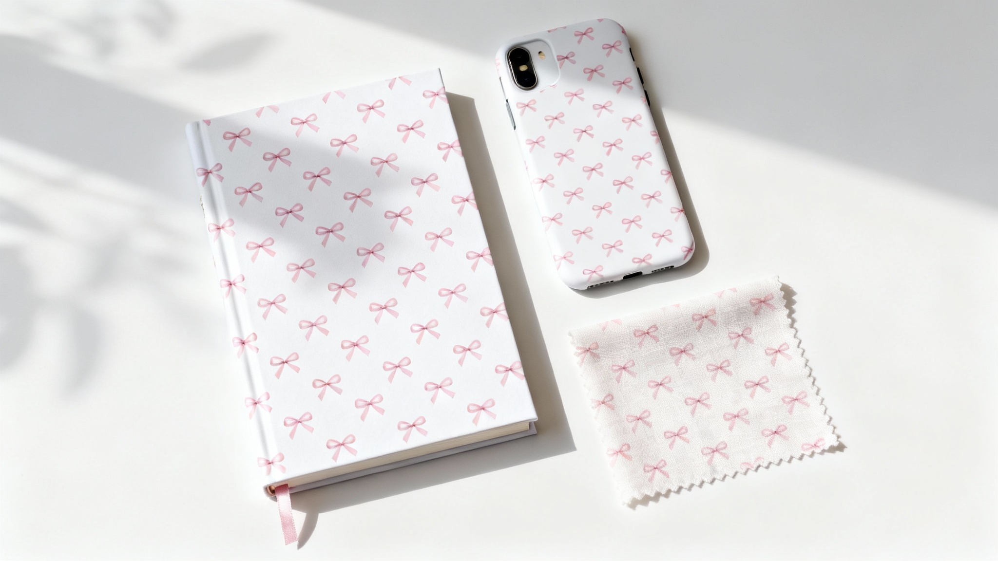 A flat lay product mockup showing a charming pink bow pattern applied to a journal, a phone case, and a piece of fabric on a white background.