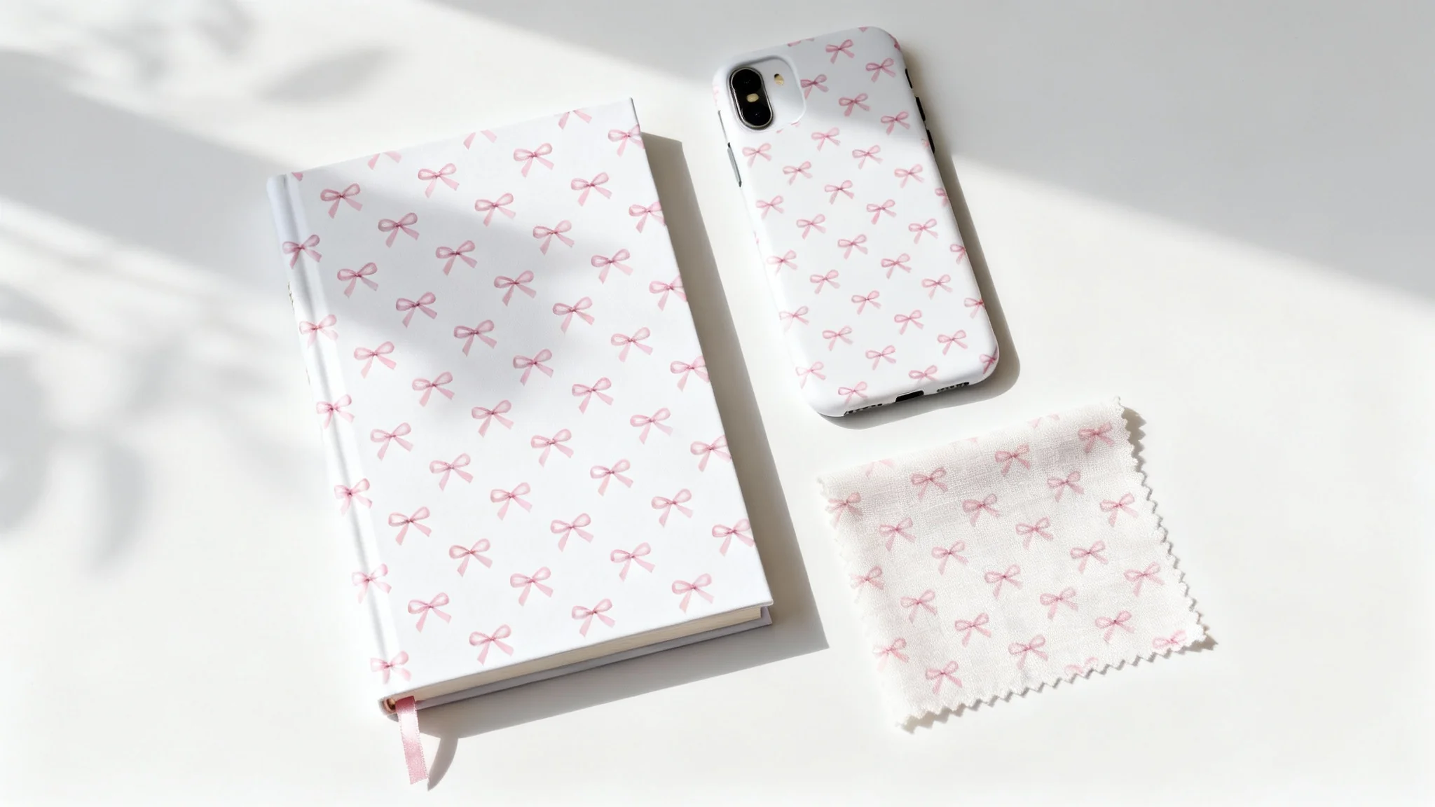 A flat lay product mockup showing a charming pink bow pattern applied to a journal, a phone case, and a piece of fabric on a white background.