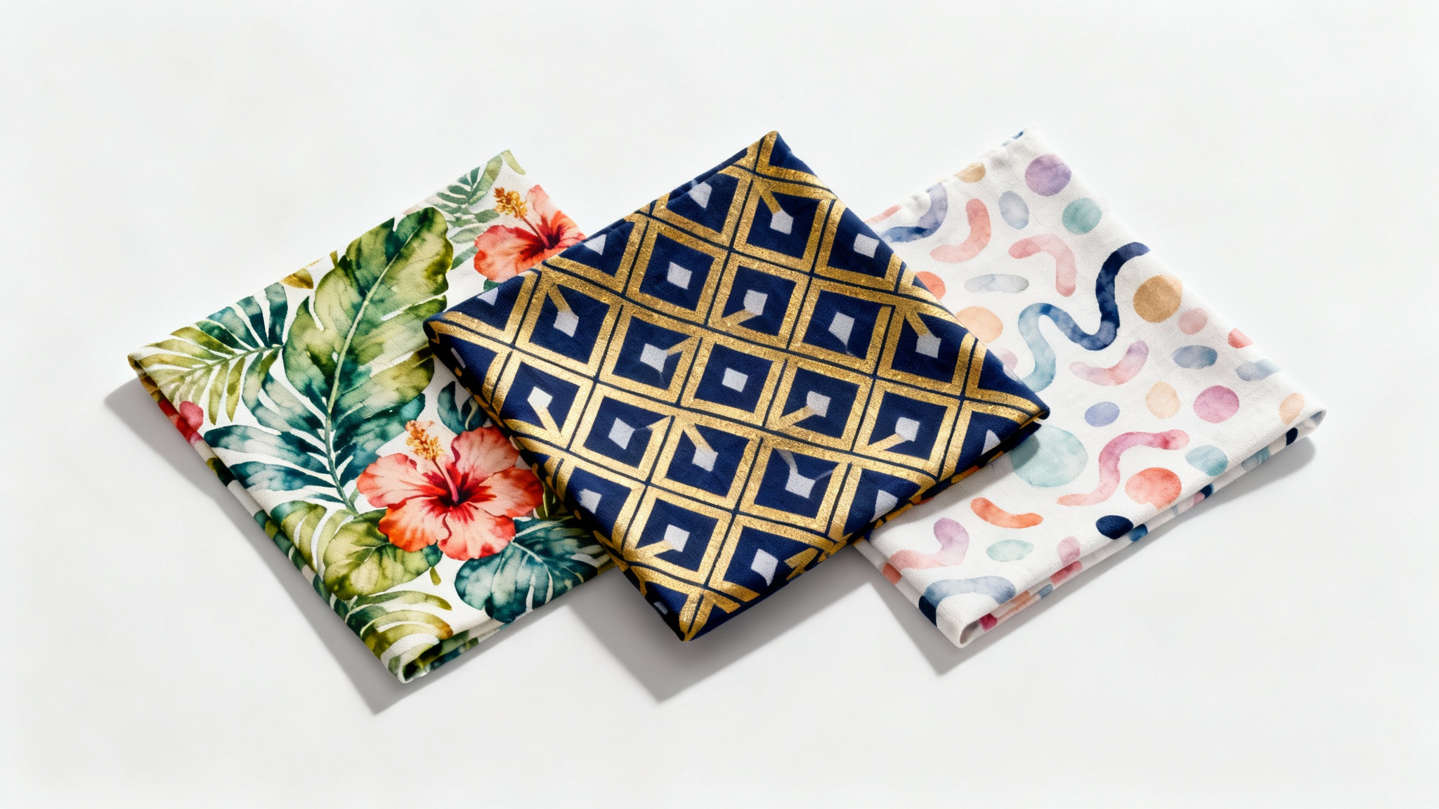 A mockup displaying three square fabric swatches with different colorful patterns on a white background. One pattern is a botanical print, one is a modern geometric design, and one is an abstract pastel pattern, demonstrating the variety of a pattern generation tool.