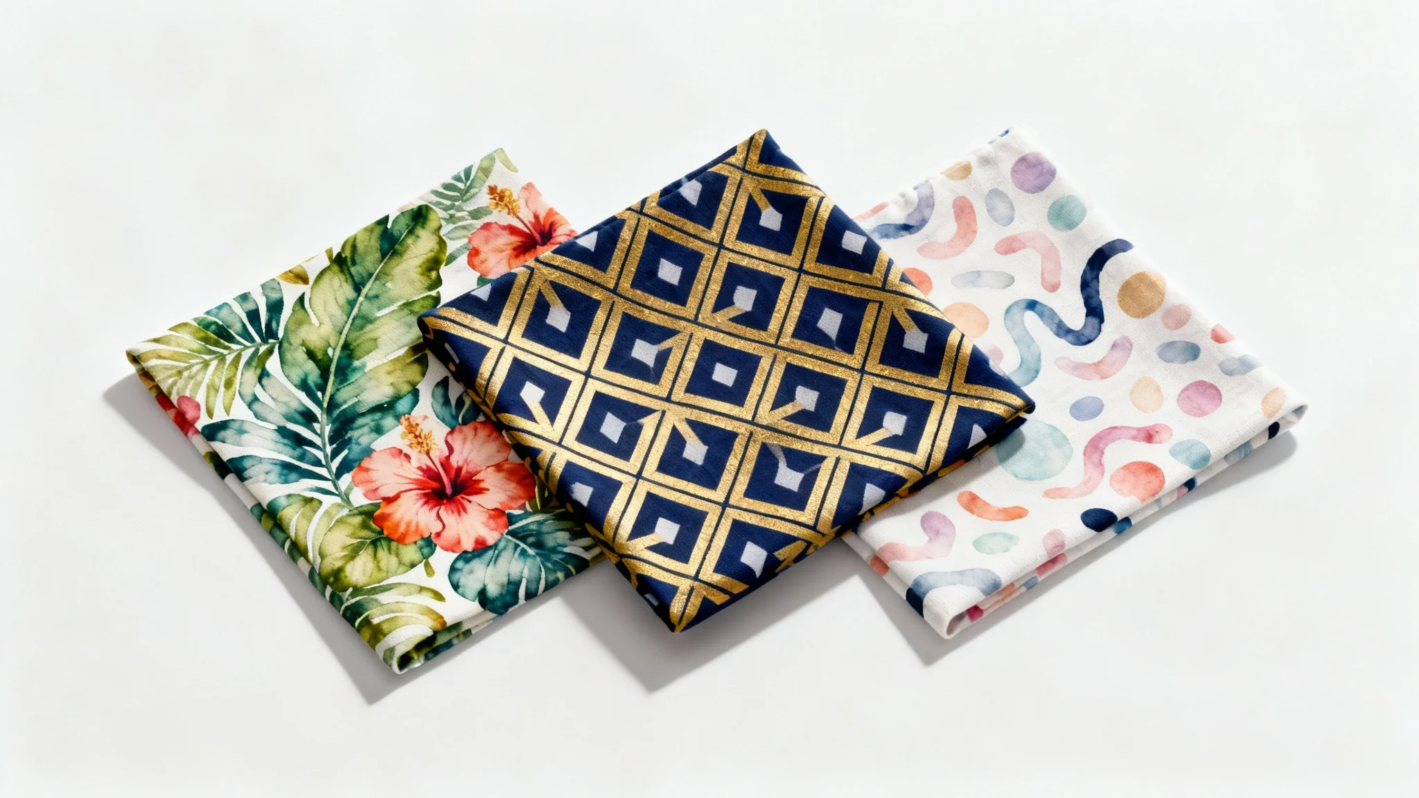 A mockup displaying three square fabric swatches with different colorful patterns on a white background. One pattern is a botanical print, one is a modern geometric design, and one is an abstract pastel pattern, demonstrating the variety of a pattern generation tool.