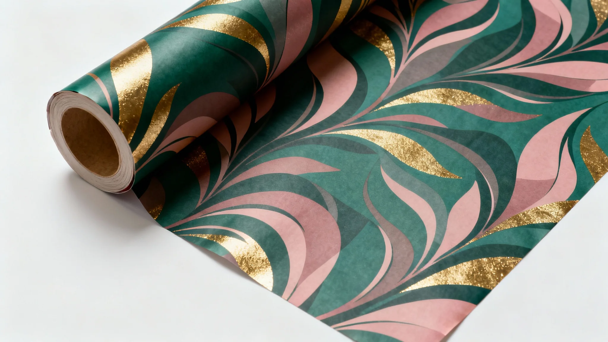 A close-up of a partially unrolled scroll of high-quality wrapping paper with a green, pink, and gold abstract botanical pattern on a white background.