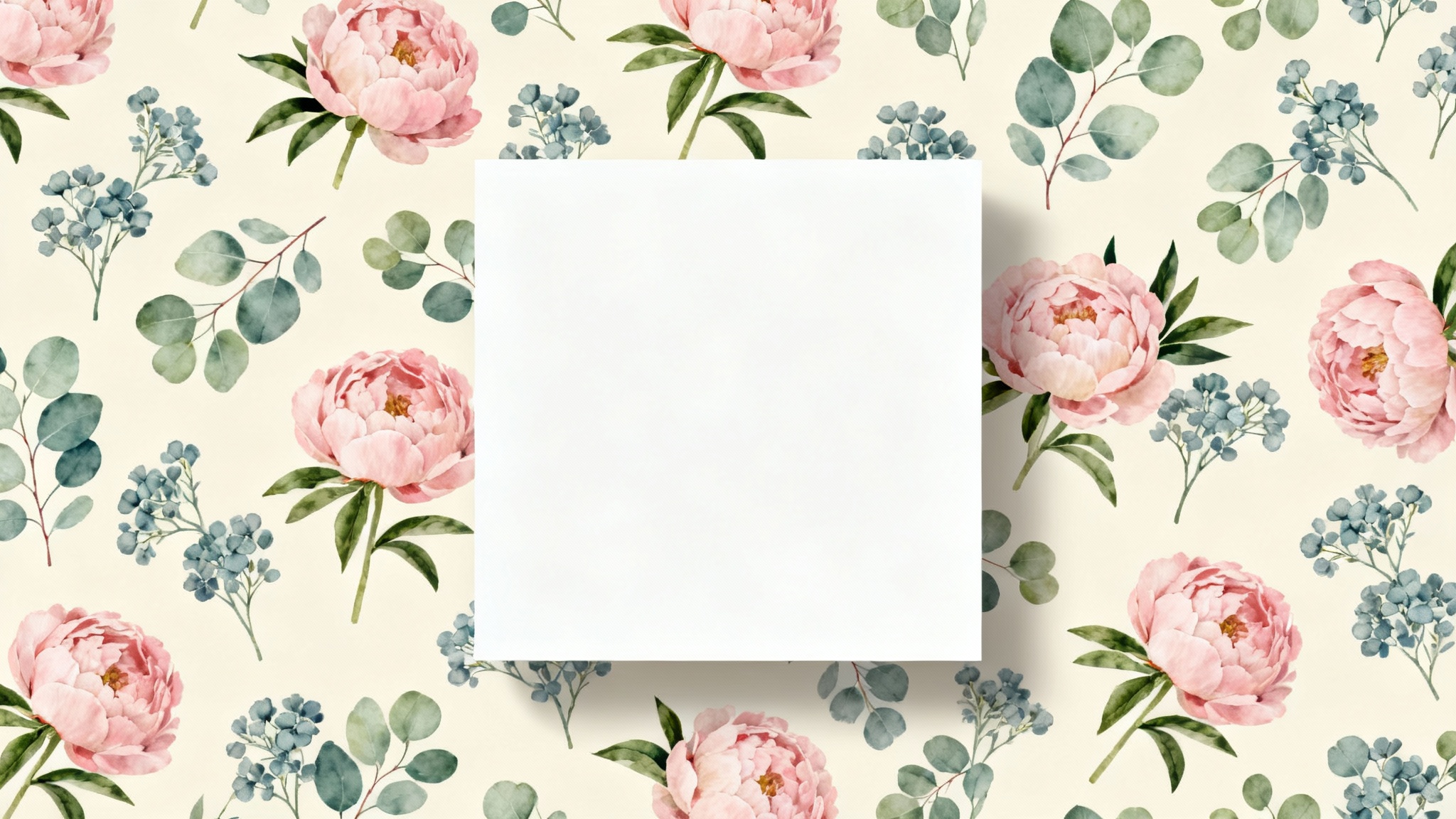 A seamless and elegant botanical pattern featuring stylized pink peonies and green eucalyptus leaves, presented as a flat swatch against a clean white background.