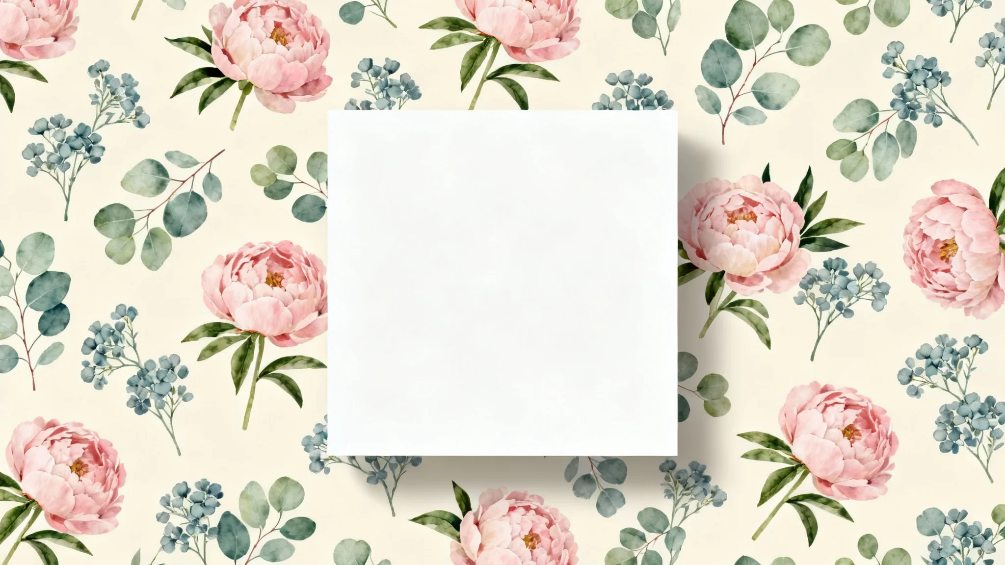 A seamless and elegant botanical pattern featuring stylized pink peonies and green eucalyptus leaves, presented as a flat swatch against a clean white background.