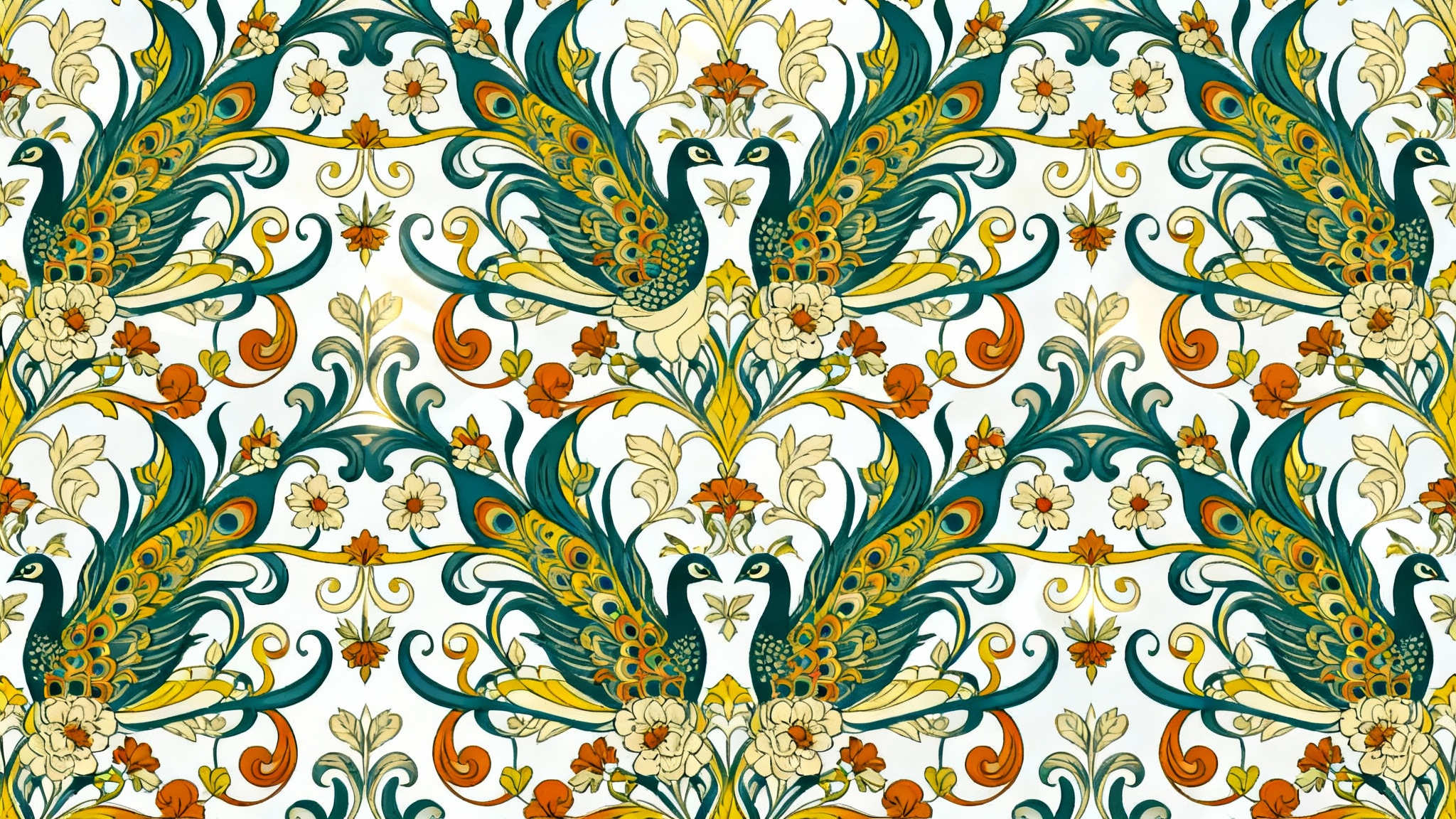 An intricate, seamless Art Nouveau-style pattern featuring elegant peacocks, vines, and flowers in a color palette of teal, mustard yellow, and burnt orange.