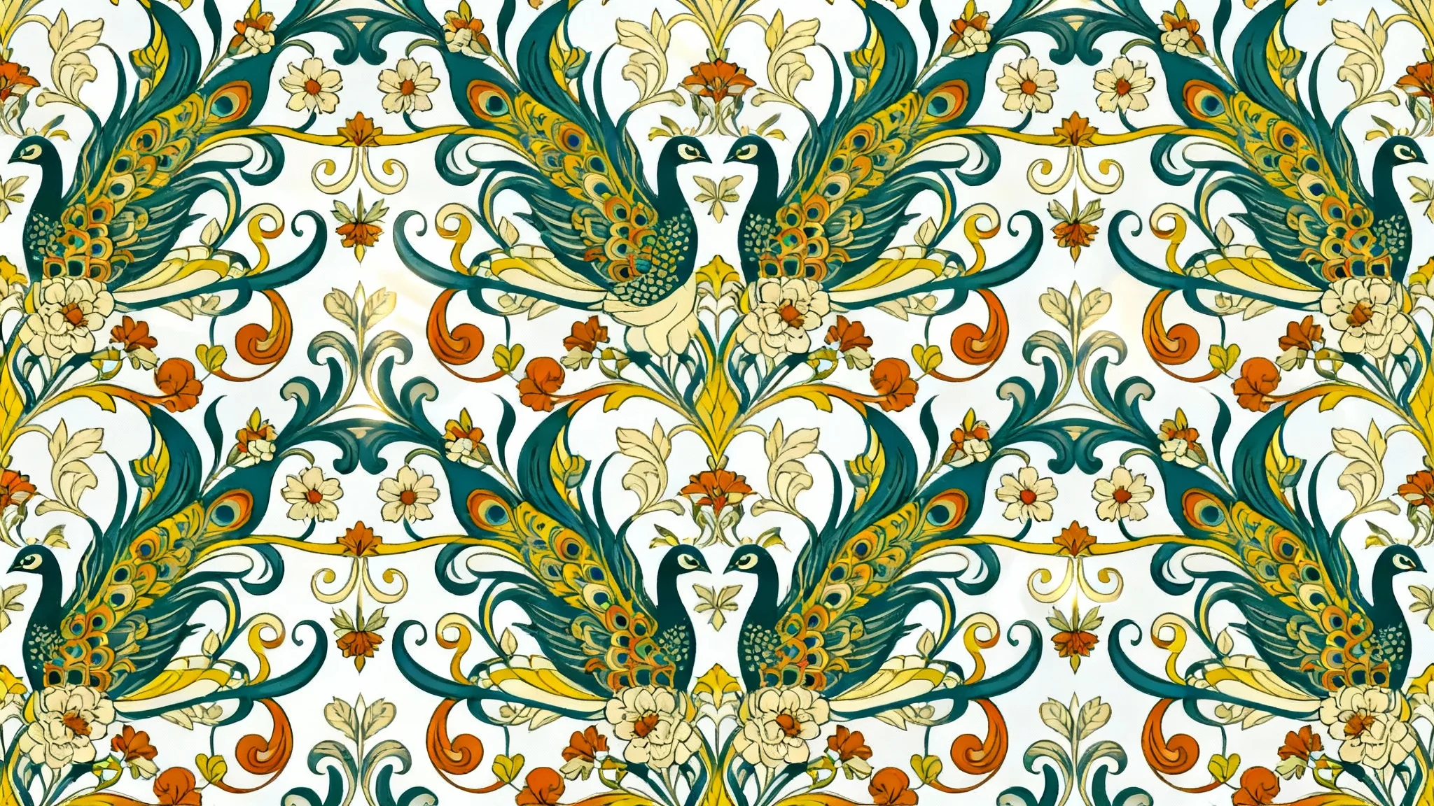 An intricate, seamless Art Nouveau-style pattern featuring elegant peacocks, vines, and flowers in a color palette of teal, mustard yellow, and burnt orange.
