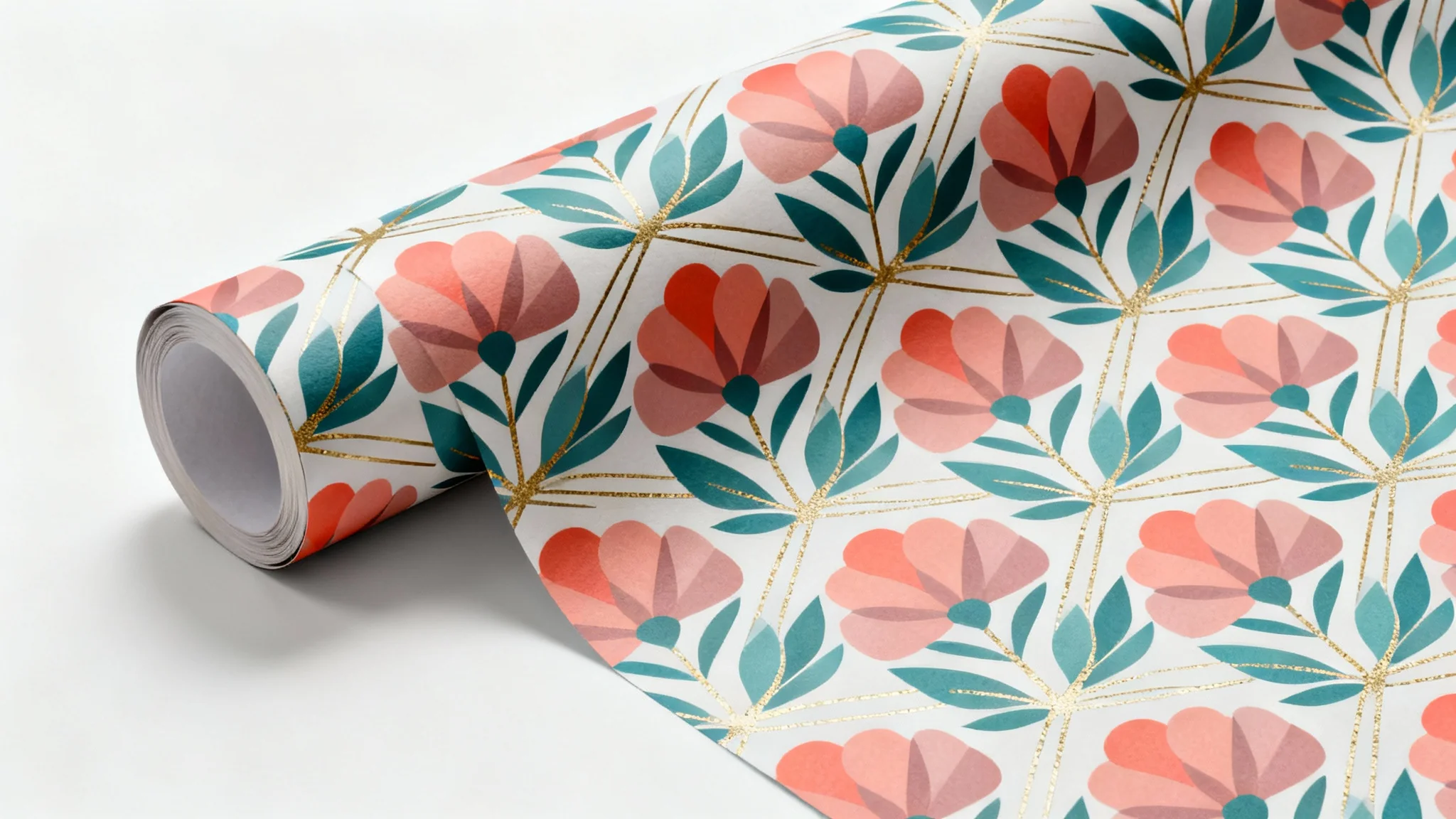 A photorealistic mockup of a roll of wrapping paper unfurling to showcase a modern, seamless pattern of coral flowers, teal leaves, and gold geometric lines against a clean white background.