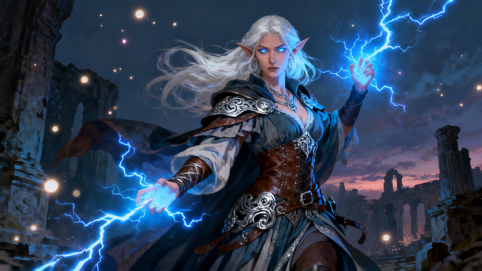 A digital painting of a half-elf sorceress, an example of a generated Pathfinder character, standing in ancient ruins and casting a powerful lightning spell.