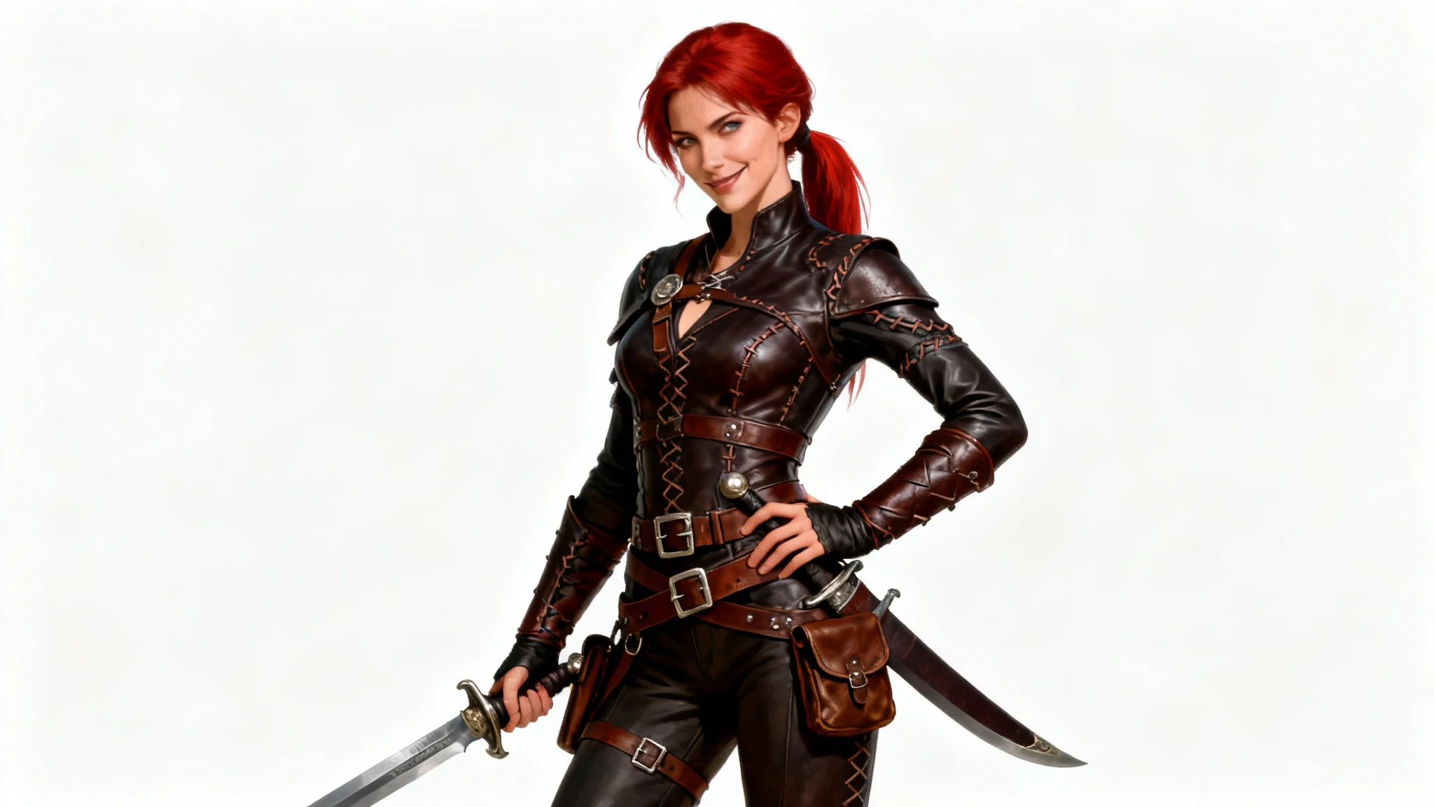 A hyper-realistic, full-body digital painting of a female Pathfinder rogue with red hair and dark leather armor, posing confidently against a solid white background.