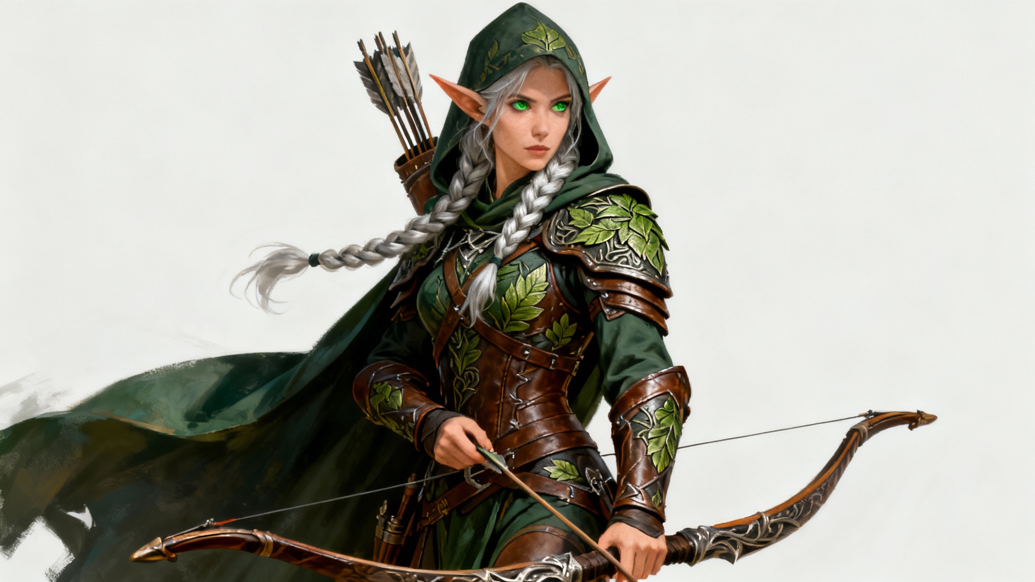 A detailed fantasy illustration of a female elf ranger in leather armor, holding a longbow, presented against a plain white background as a character concept.