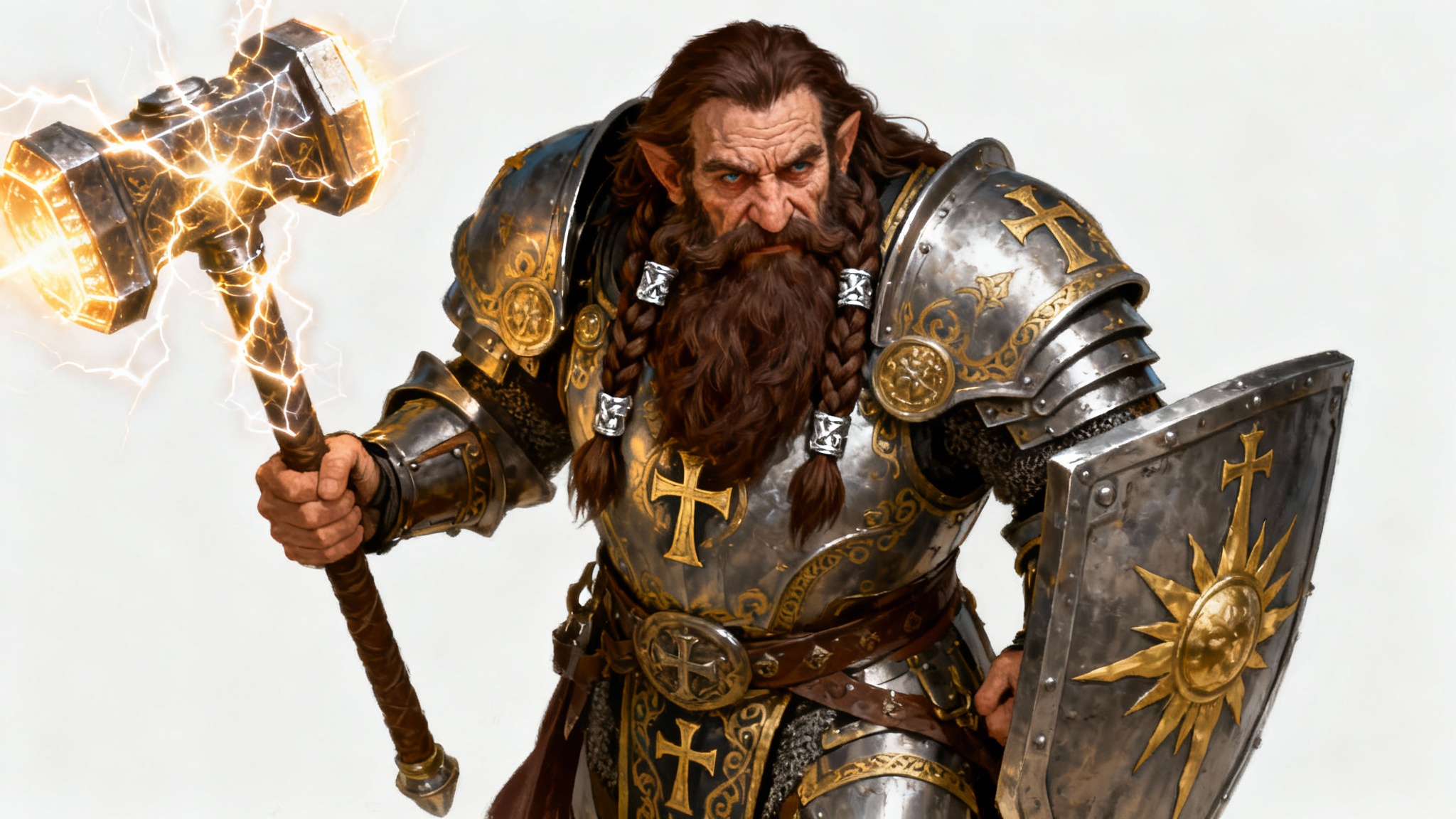 A full-body character portrait of a dwarf cleric in heavy steel armor, holding a glowing warhammer and a shield, set against a plain white background.