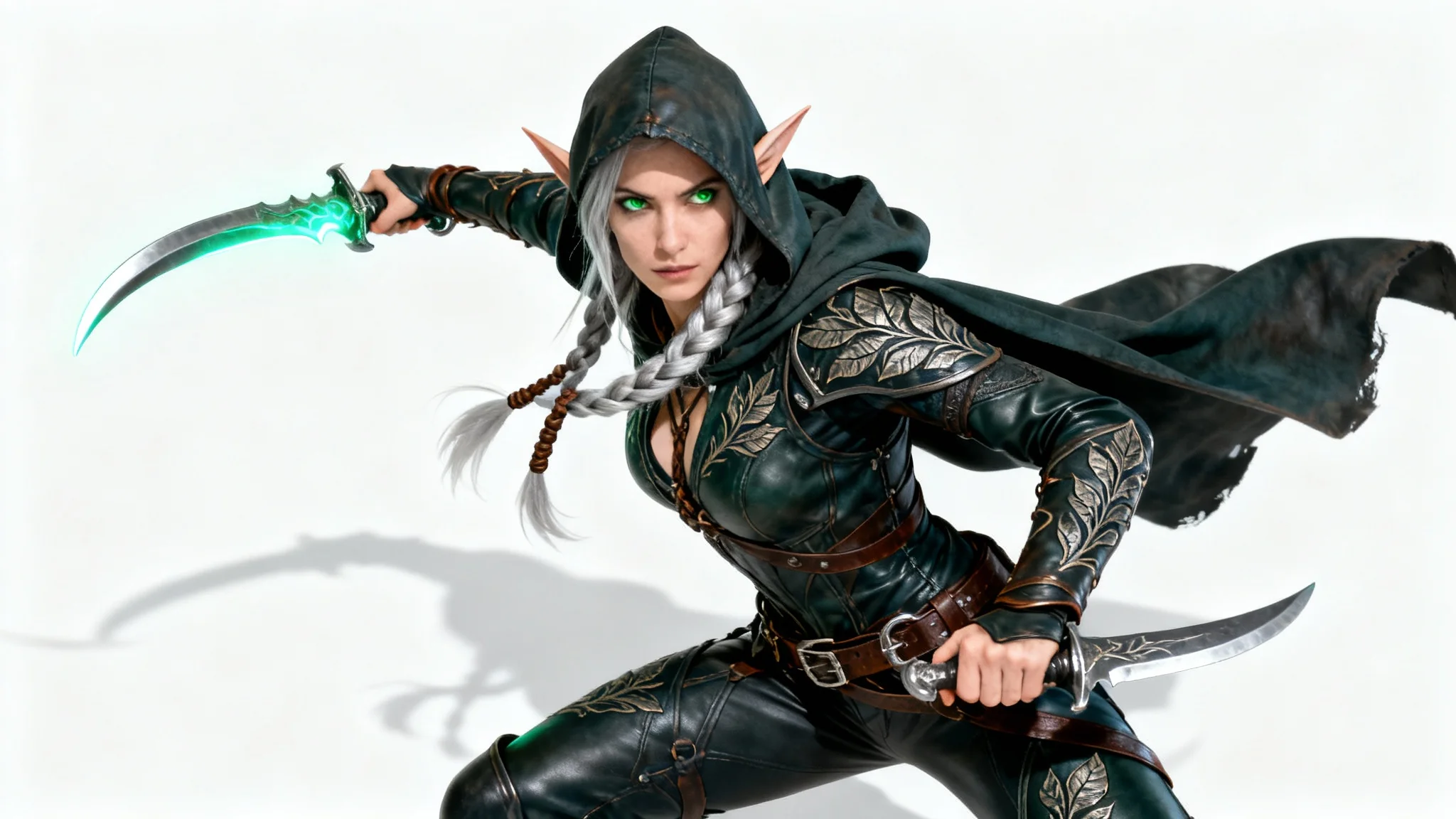 A full-body concept art of a female elven rogue in dark leather armor, holding a glowing dagger against a solid white background.