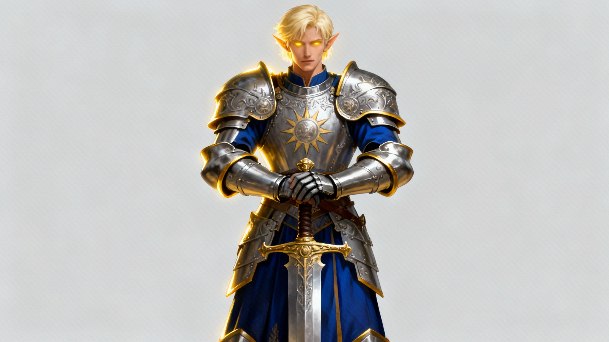 A full-body digital painting of a male paladin in ornate, shining plate armor, resting his hands on a large greatsword. He has platinum hair and glowing eyes, set against a plain light grey background in a fantasy art style.