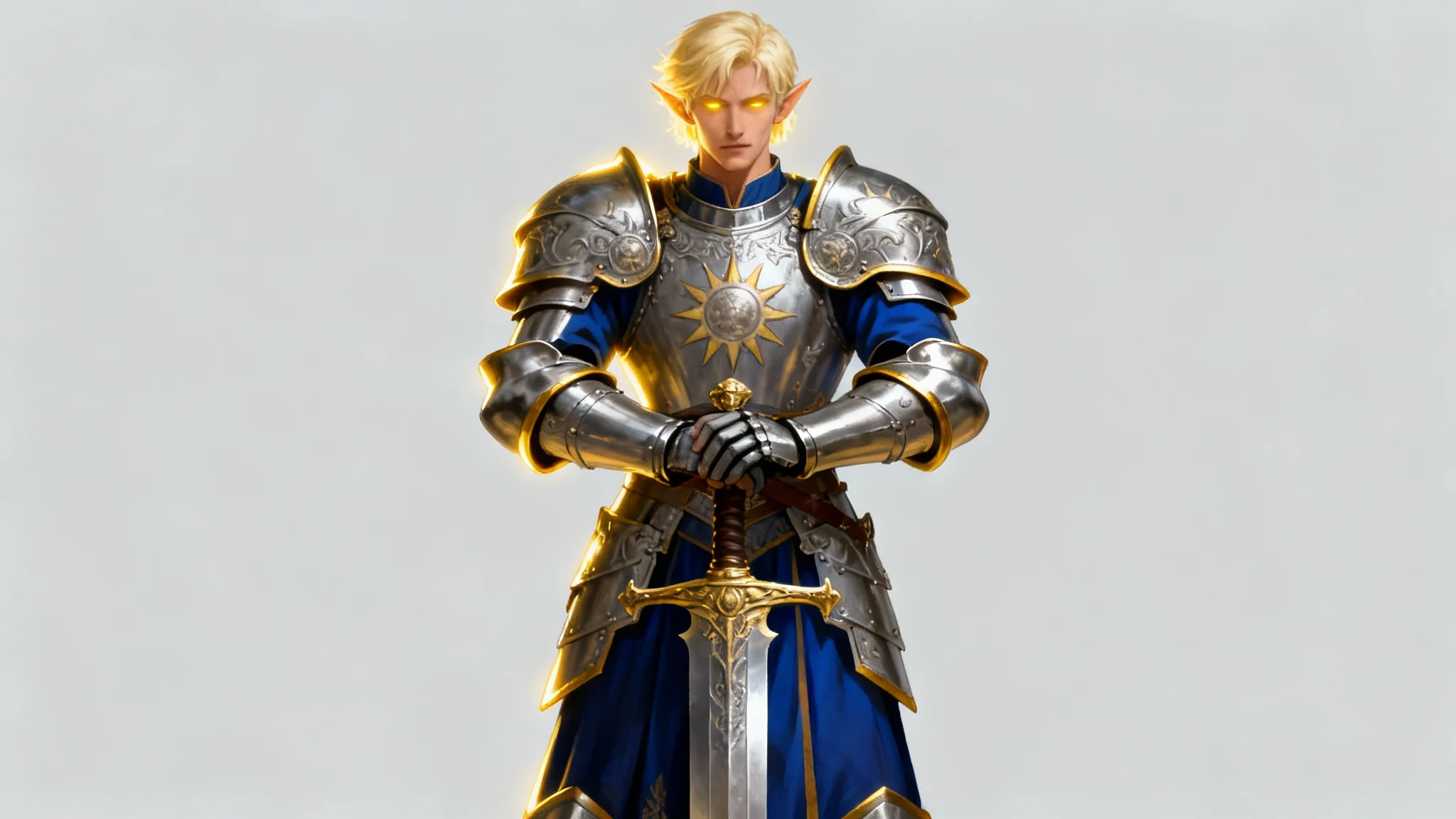 A full-body digital painting of a male paladin in ornate, shining plate armor, resting his hands on a large greatsword. He has platinum hair and glowing eyes, set against a plain light grey background in a fantasy art style.