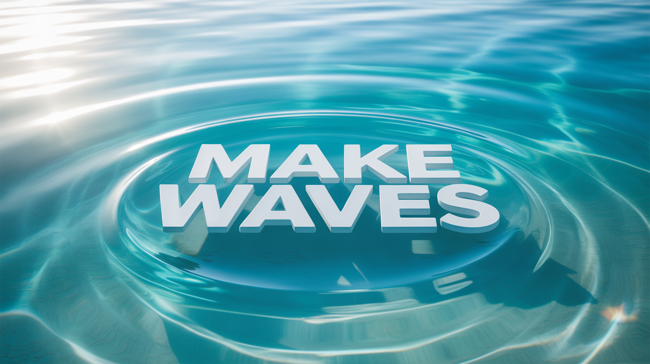 A hero image demonstrating a ripple text effect, showing the words "MAKE WAVES" in bold white letters on the surface of clear blue water, with realistic ripples spreading out from the text.
