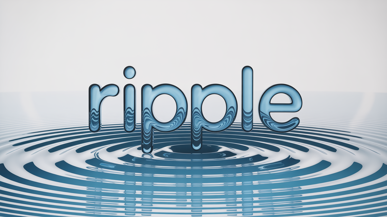 A graphic design of the word 'RIPPLE' with a blue, water-like ripple effect expanding outwards from its center, set against a plain white background.