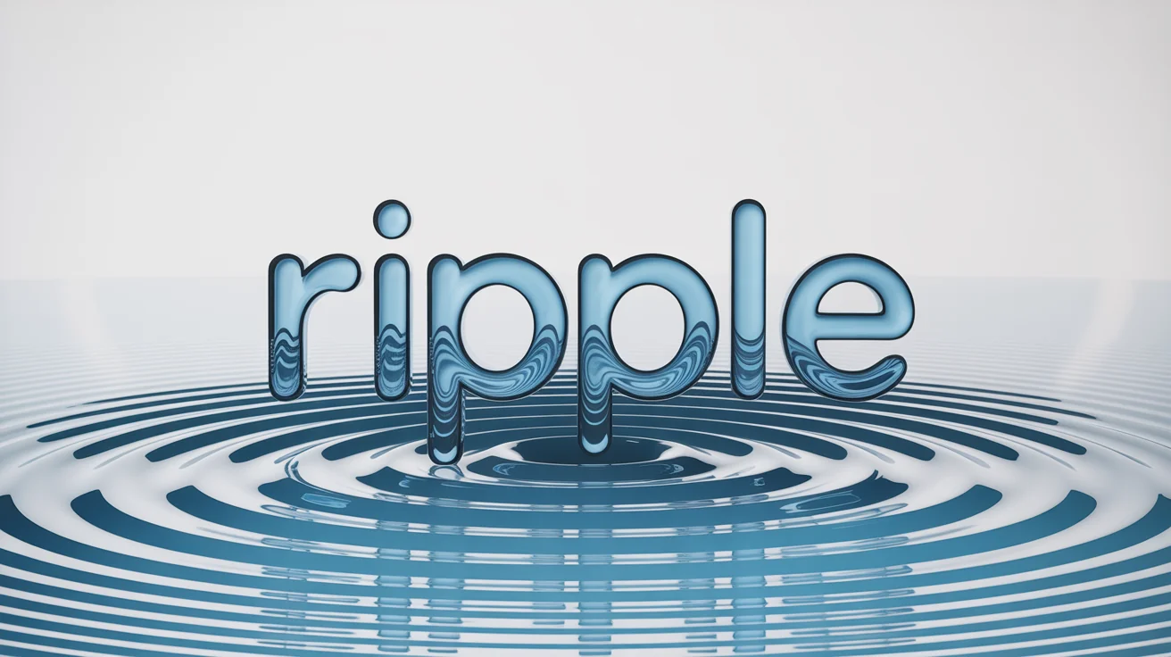 A graphic design of the word 'RIPPLE' with a blue, water-like ripple effect expanding outwards from its center, set against a plain white background.