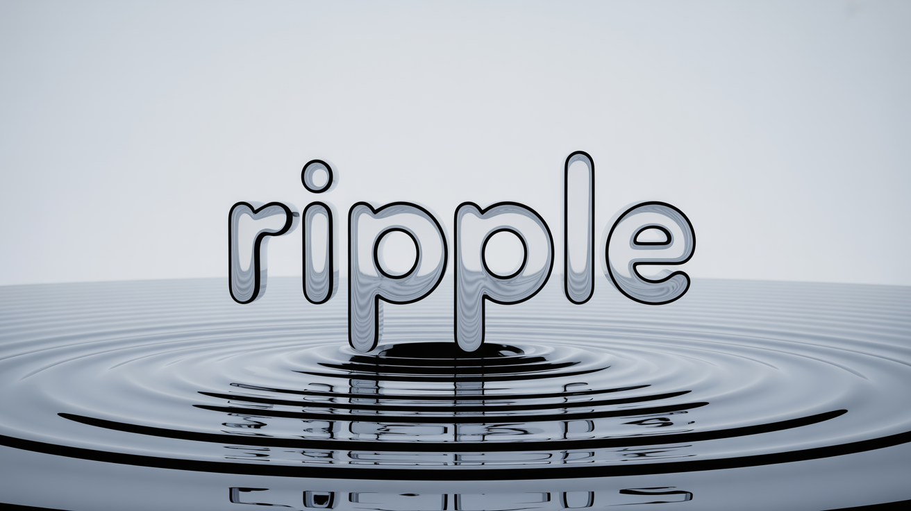 The word 'RIPPLE' rendered in 3D as if made of clear water, with a visible ripple effect distorting the letters on a clean white background.