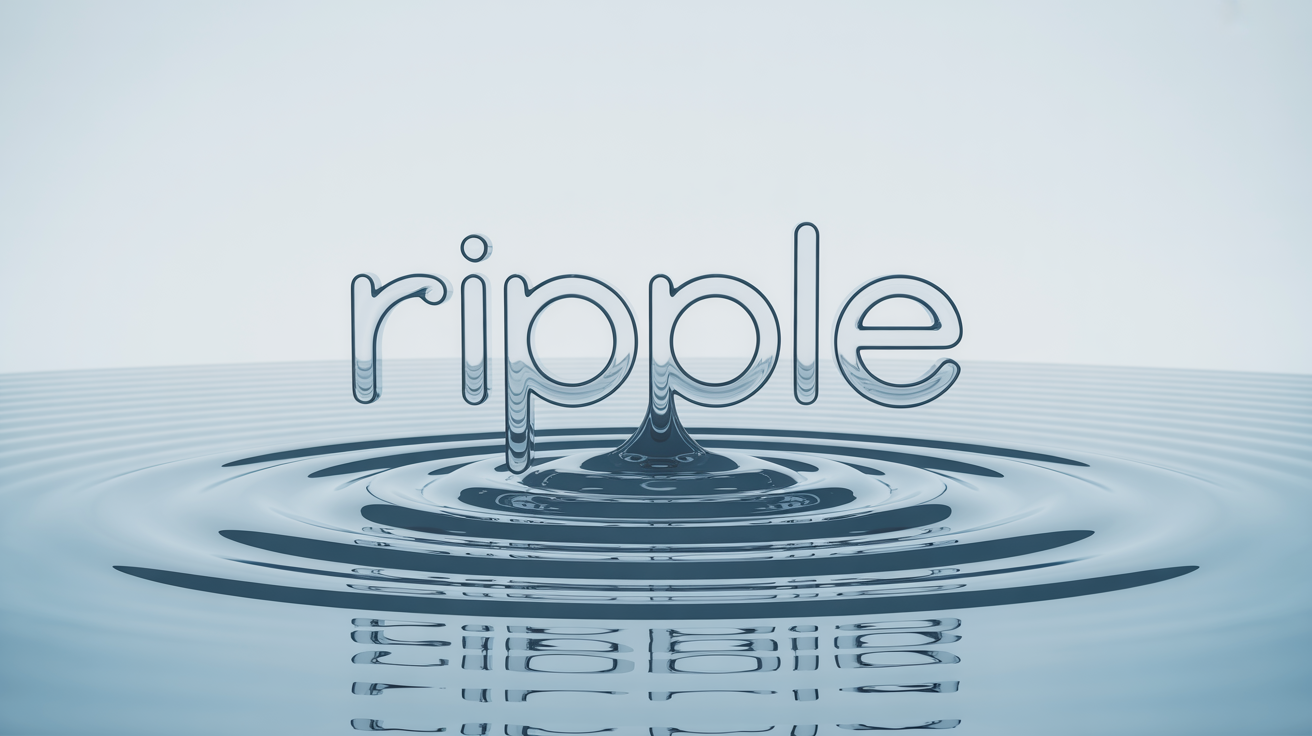 A 3D-rendered image showing the word 'RIPPLE' in blue, creating concentric ripple effects on a surface, all set against a plain white background.