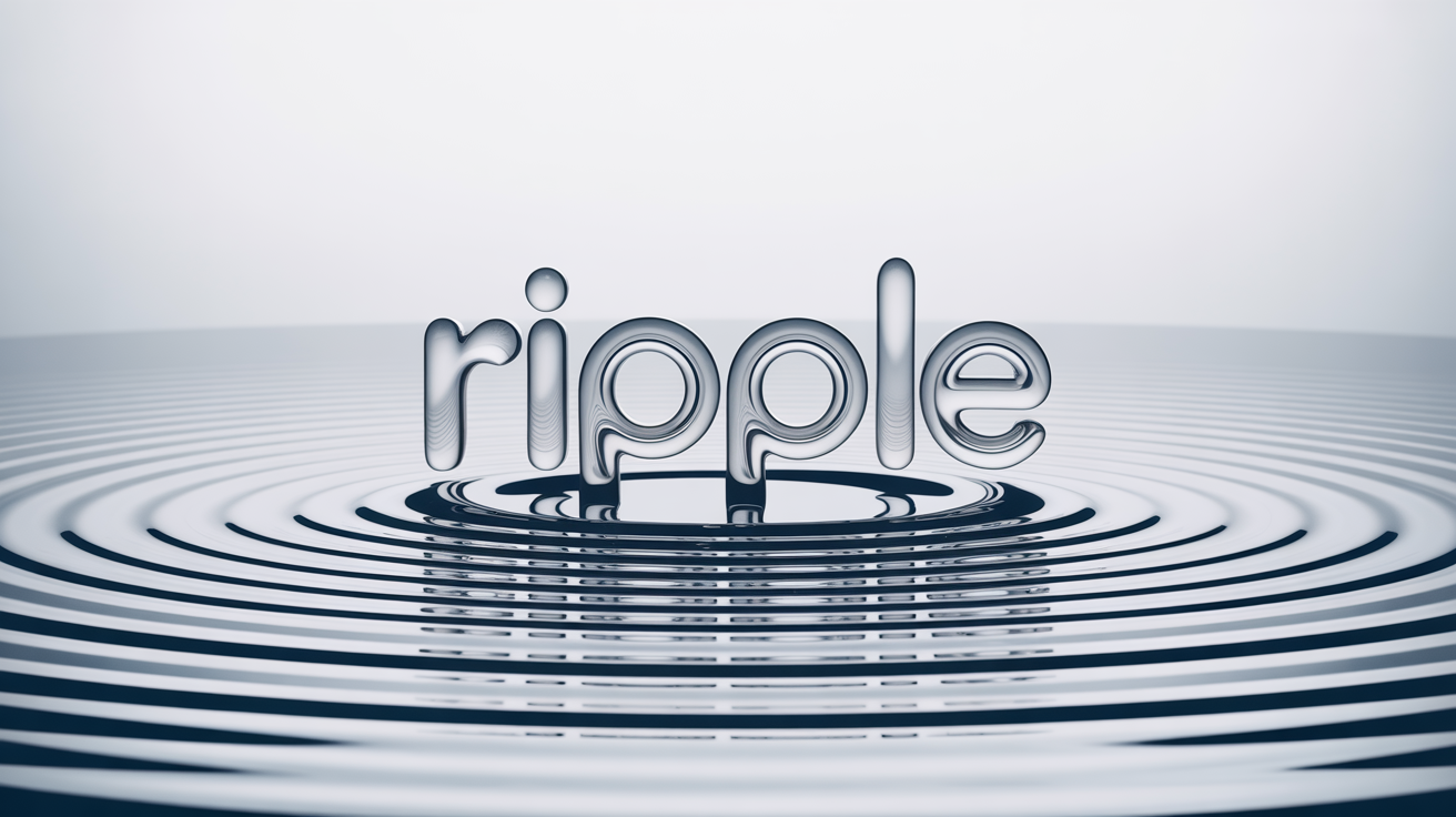 The word 'RIPPLE' is shown with a realistic, three-dimensional ripple effect distorting the letters as if a drop fell on water, set against a plain white background.