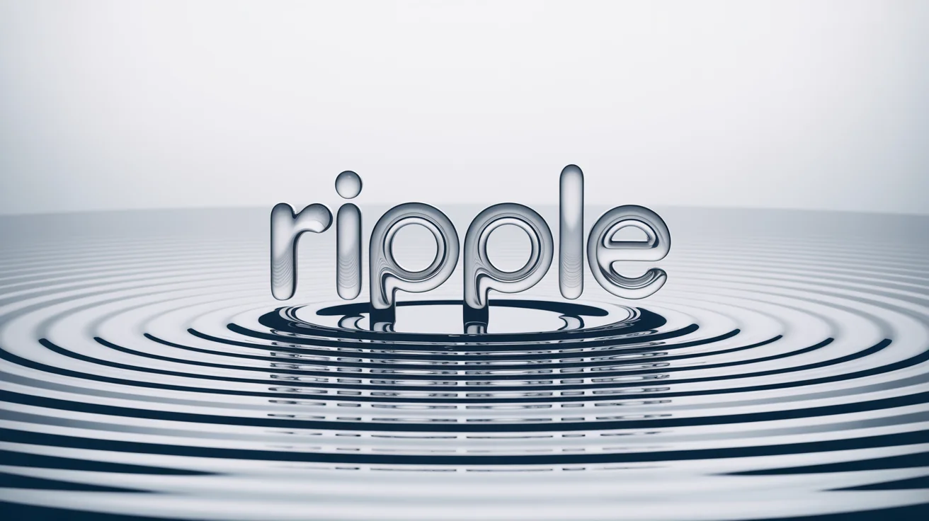 The word 'RIPPLE' is shown with a realistic, three-dimensional ripple effect distorting the letters as if a drop fell on water, set against a plain white background.