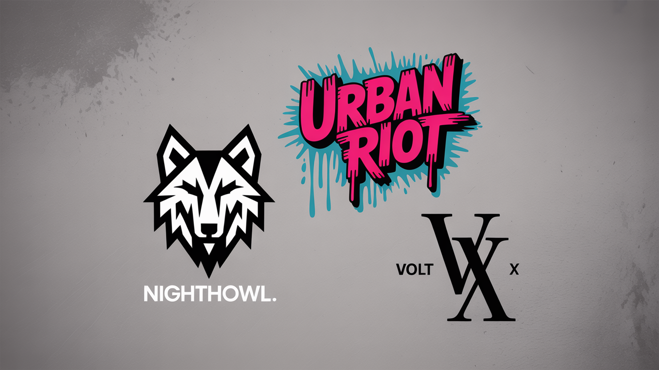 A showcase of three different edgy logos on a dark background. One is a geometric wolf, another is a colorful graffiti design, and the third is a minimalist blackletter monogram.