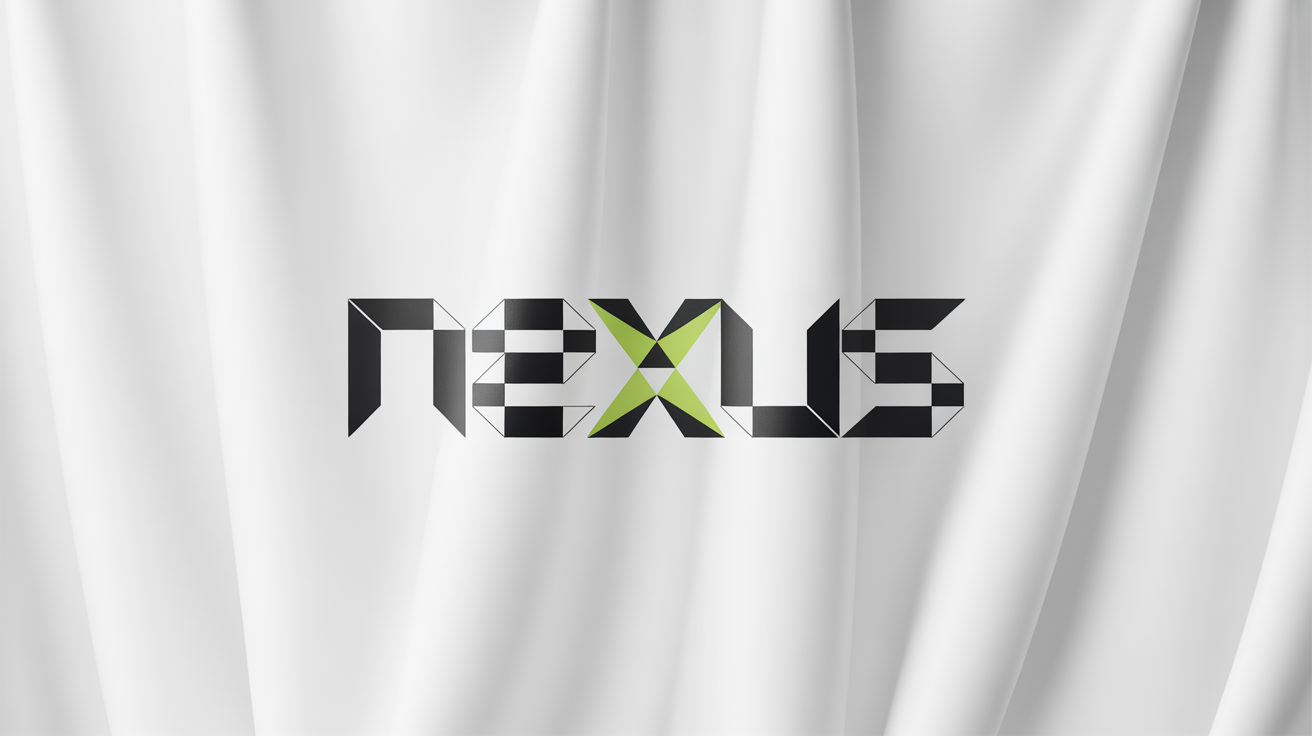 An edgy, modern logo mockup for a brand named 'NEXUS', featuring a bold, angular black font with electric lime green accents, centered on a white background.