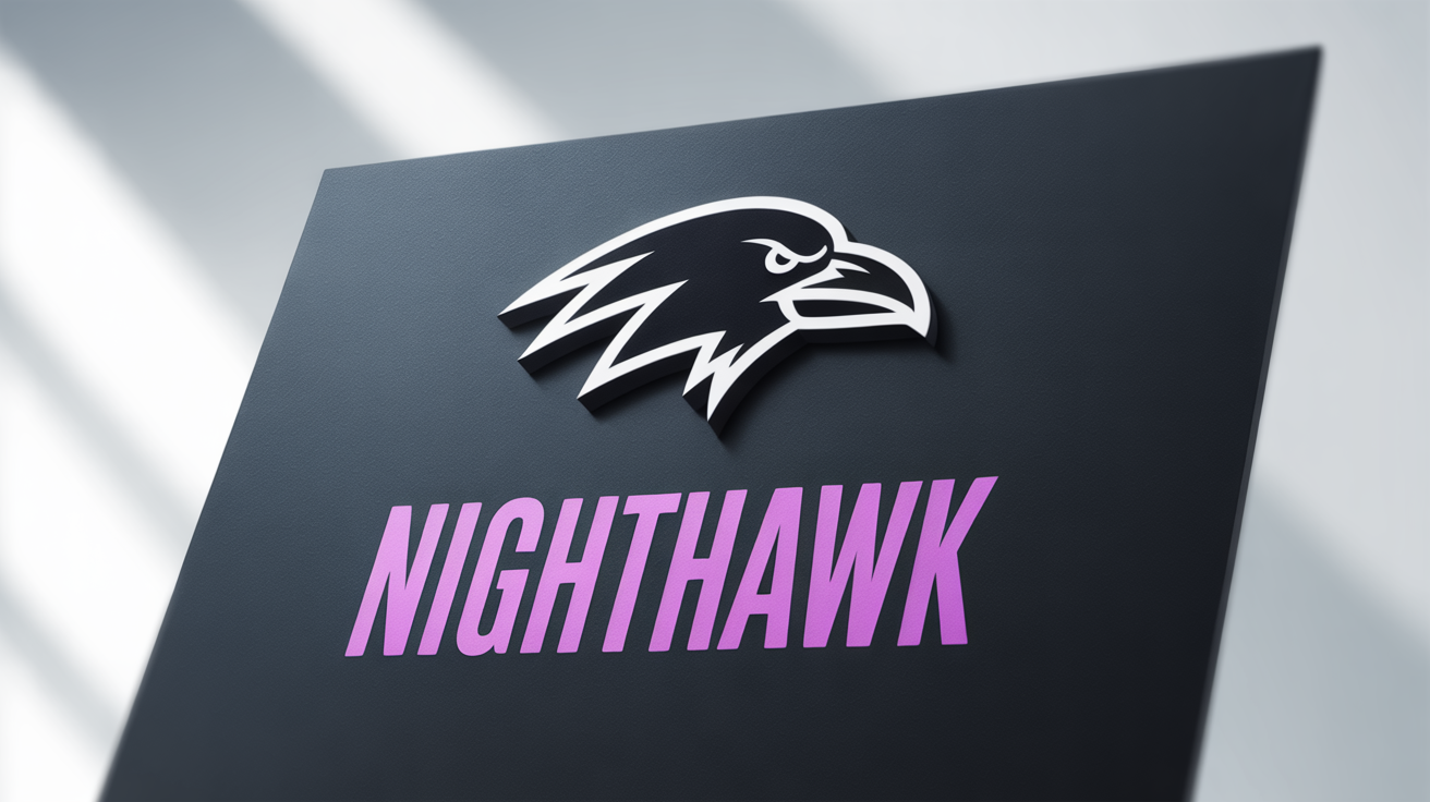 A modern, edgy logo for a brand called 'NIGHTHAWK', featuring a geometric white raven icon and neon purple text, displayed on a matte black card against a plain white background.